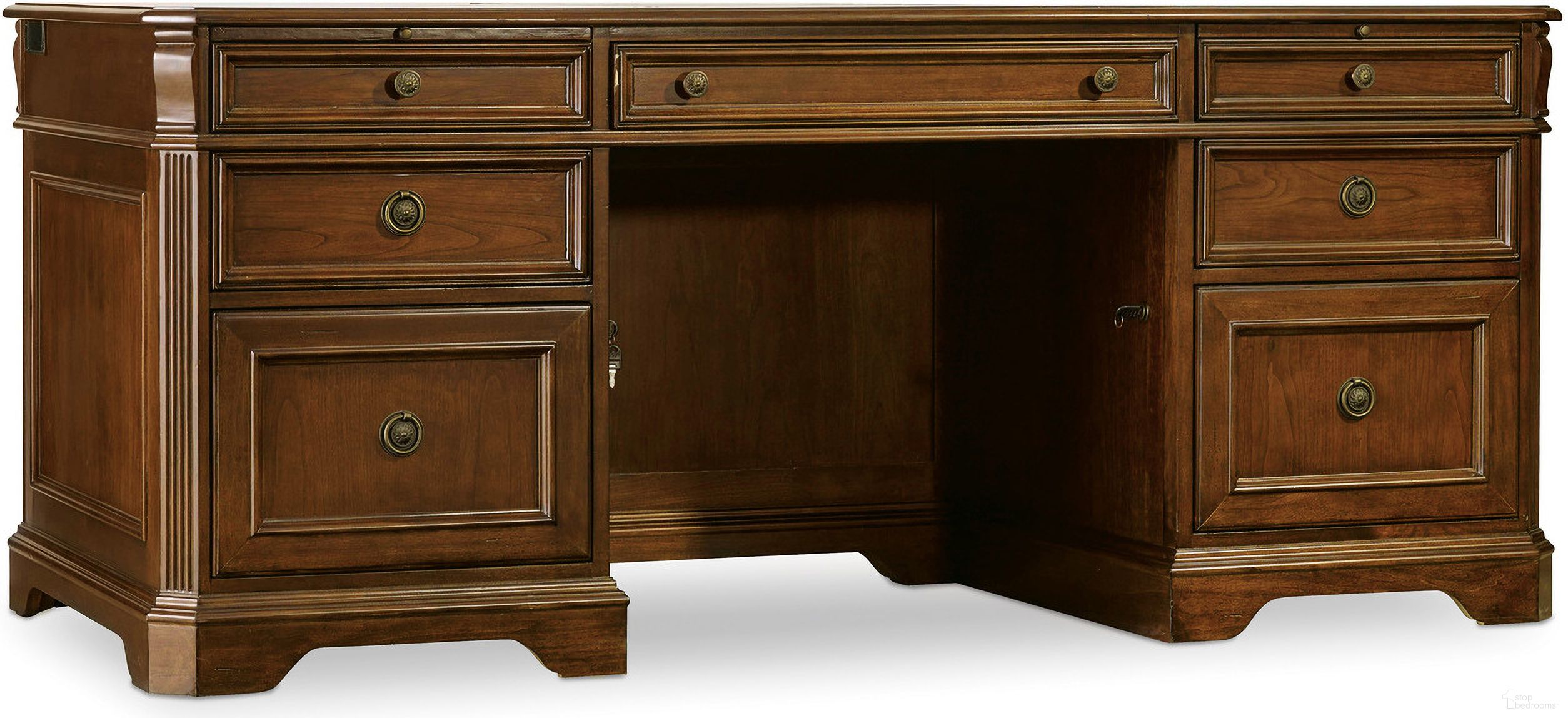 The appearance of Brookhaven Medium Wood Executive Desk designed by Hooker in the traditional interior design. This medium wood piece of furniture  was selected by 1StopBedrooms from Brookhaven Collection to add a touch of cosiness and style into your home. Sku: 281-10-583. Material: Cherry Veneer.