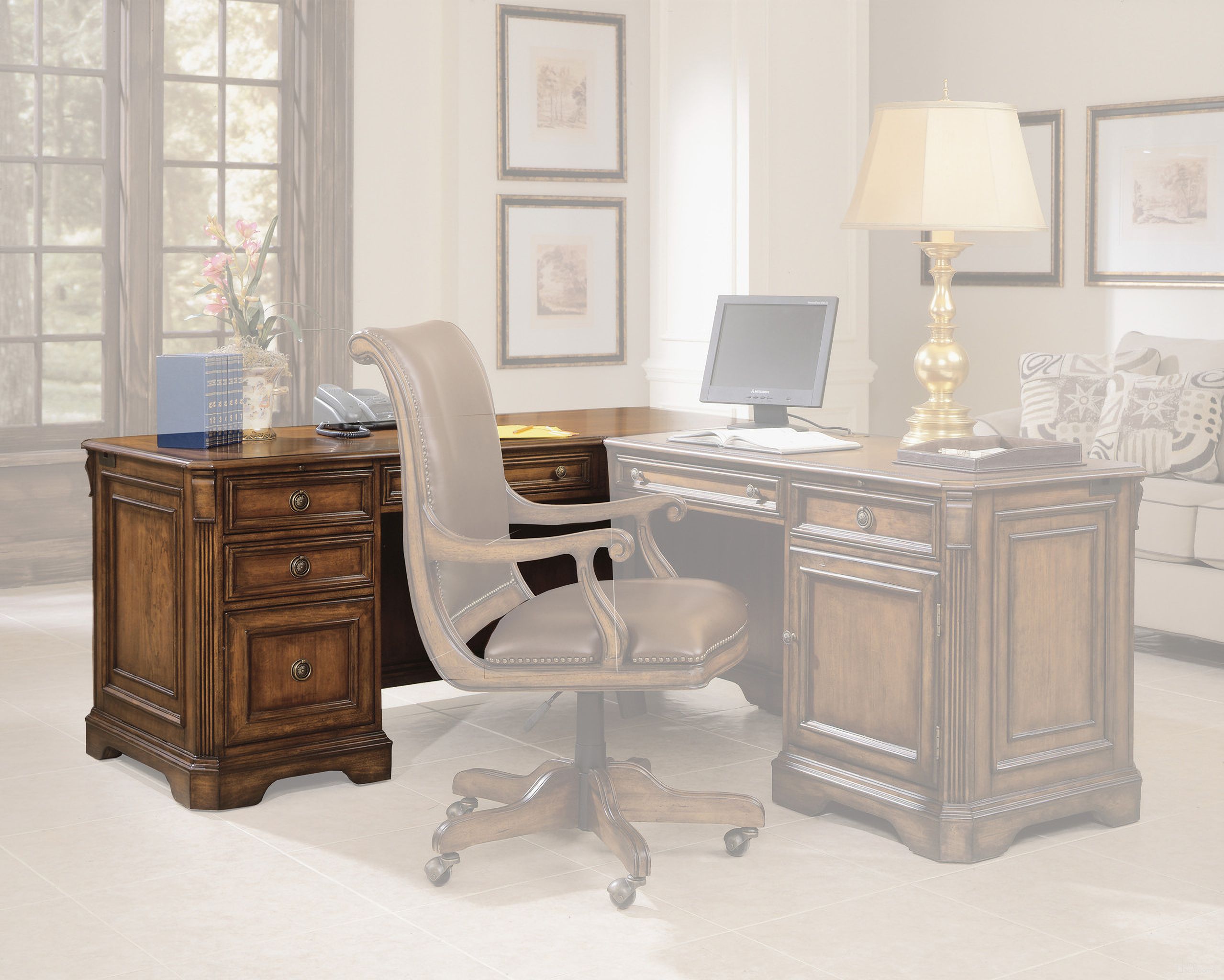 The appearance of Brookhaven Left Pedestal Desk designed by Hooker in the traditional interior design. This medium wood piece of furniture was selected by 1StopBedrooms from Brookhaven Collection to add a touch of cosiness and style into your home. Sku: 281-10-468. Material: Wood.