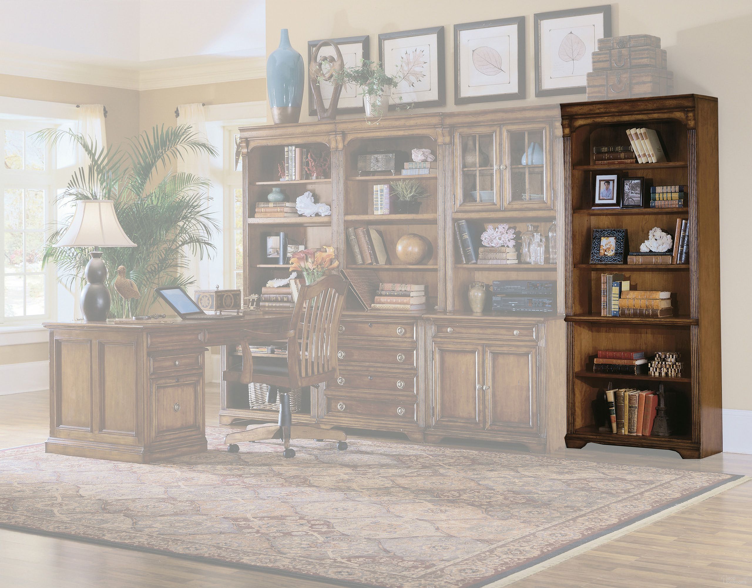 The appearance of Brookhaven Tall Bookcase designed by Hooker in the traditional interior design. This medium wood piece of furniture  was selected by 1StopBedrooms from Brookhaven Collection to add a touch of cosiness and style into your home. Sku: 281-10-422. Material: Cherry Veneer.