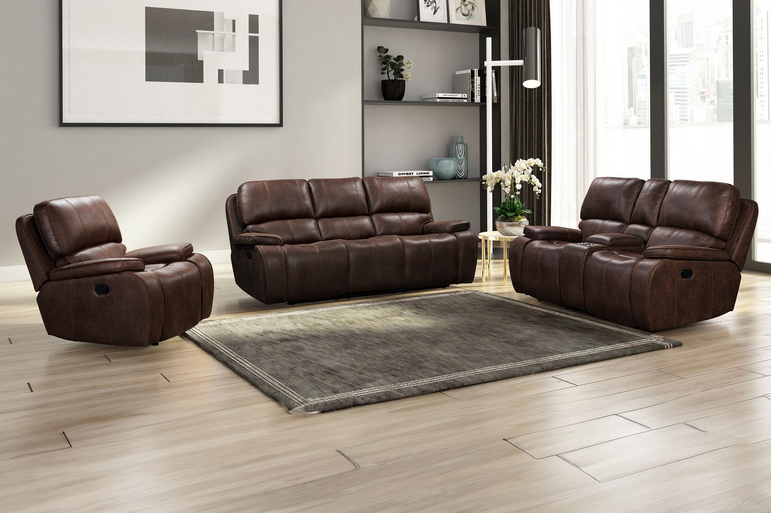 The appearance of Brookings Manual Living Room Set In Brown designed by New Classic in the transitional interior design. This brown piece of furniture  was selected by 1StopBedrooms from Brookings Collection to add a touch of cosiness and style into your home. Sku: U093-30-BRN;U093-25-BRN. Material: Fabric.