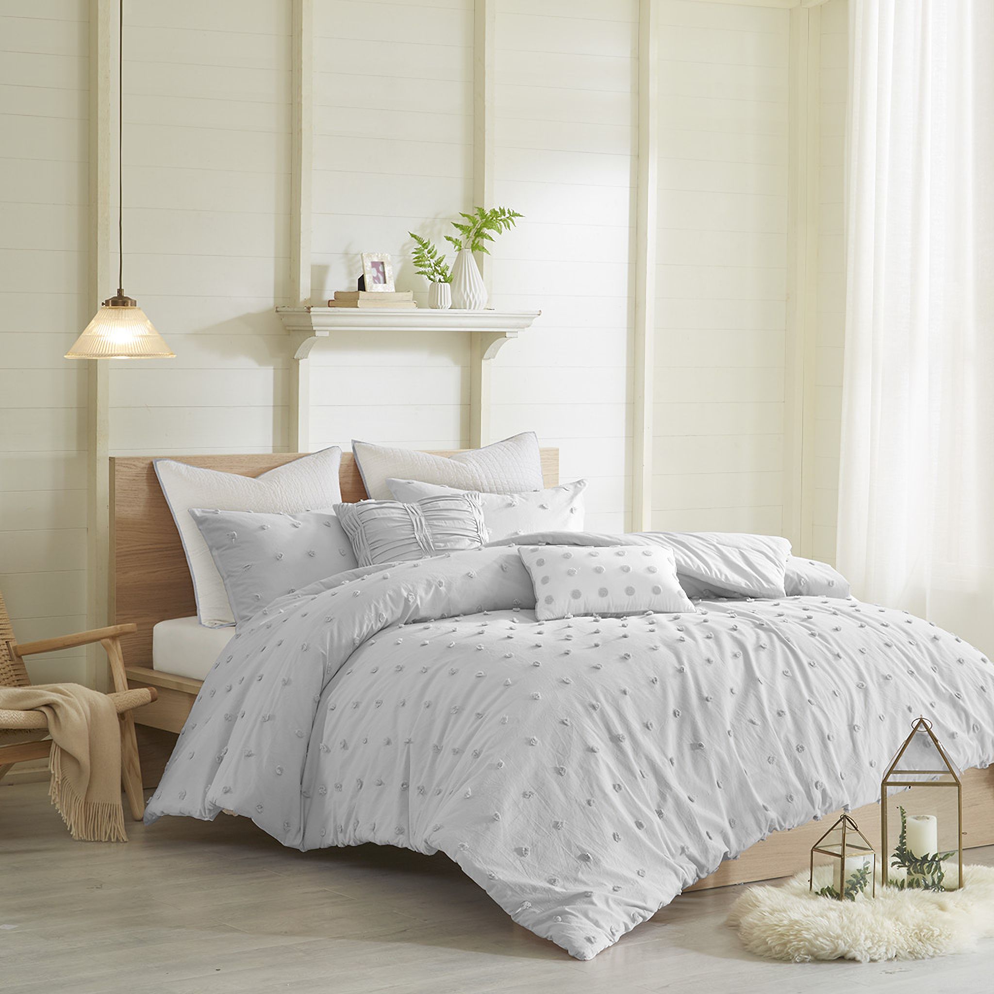 Brooklyn Cotton Jaquard 5 Piece Twin Comforter Set with All Over Woven Cotton Dots In Grey