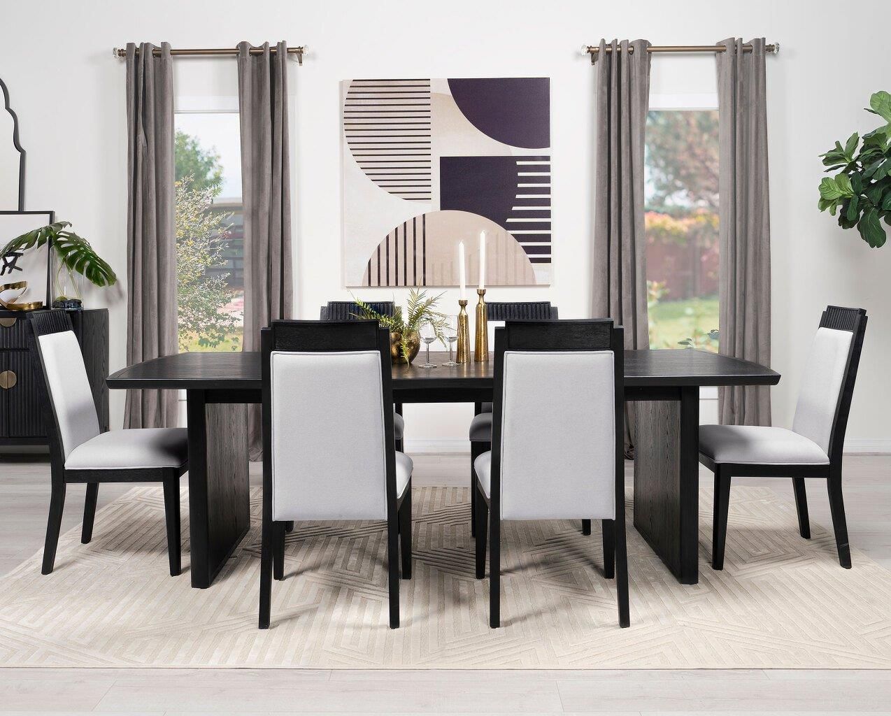The appearance of Brookmead Dining Room Set In Black designed by Coaster in the transitional interior design. This black piece of furniture was selected by 1StopBedrooms from Brookmead Collection to add a touch of cosiness and style into your home. Sku: 108231;108232;108232. Table Base Style: Double Pedestal. Material: Wood. Table Top Shape: Rectangular. Size: 44" x 100".