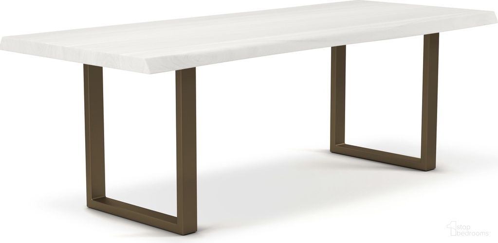 The appearance of Brooks 40 x 79 Inch U Base Dining Table In White Wash Top And Brass Base designed by Urbia in the modern / contemporary interior design. This white wash piece of furniture  was selected by 1StopBedrooms from Brooks Collection to add a touch of cosiness and style into your home. Sku: IL-BRO-DT-079WW-0303. Table Base Style: Double Pedestal. Table Top Shape: Rectangular. Size: 40" x 79". Material: Acacia Wood.