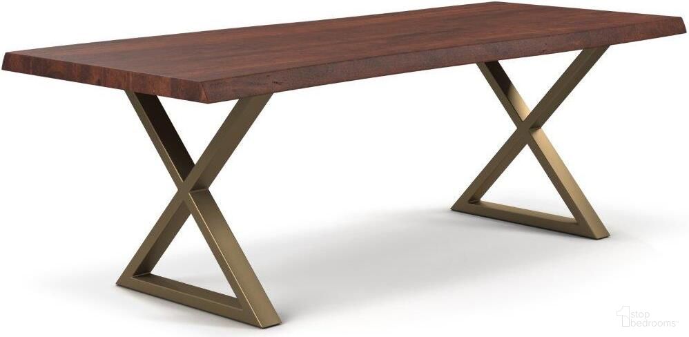 The appearance of Brooks 40 x 79 Inch "X" Base Dining Table In Americano Top And Brass Base designed by Urbia in the modern / contemporary interior design. This americano piece of furniture  was selected by 1StopBedrooms from Brooks Collection to add a touch of cosiness and style into your home. Sku: IL-BRO-DT-079AM-0403. Table Base Style: Double Pedestal. Table Top Shape: Rectangular. Size: 40" x 79". Material: Acacia Wood.