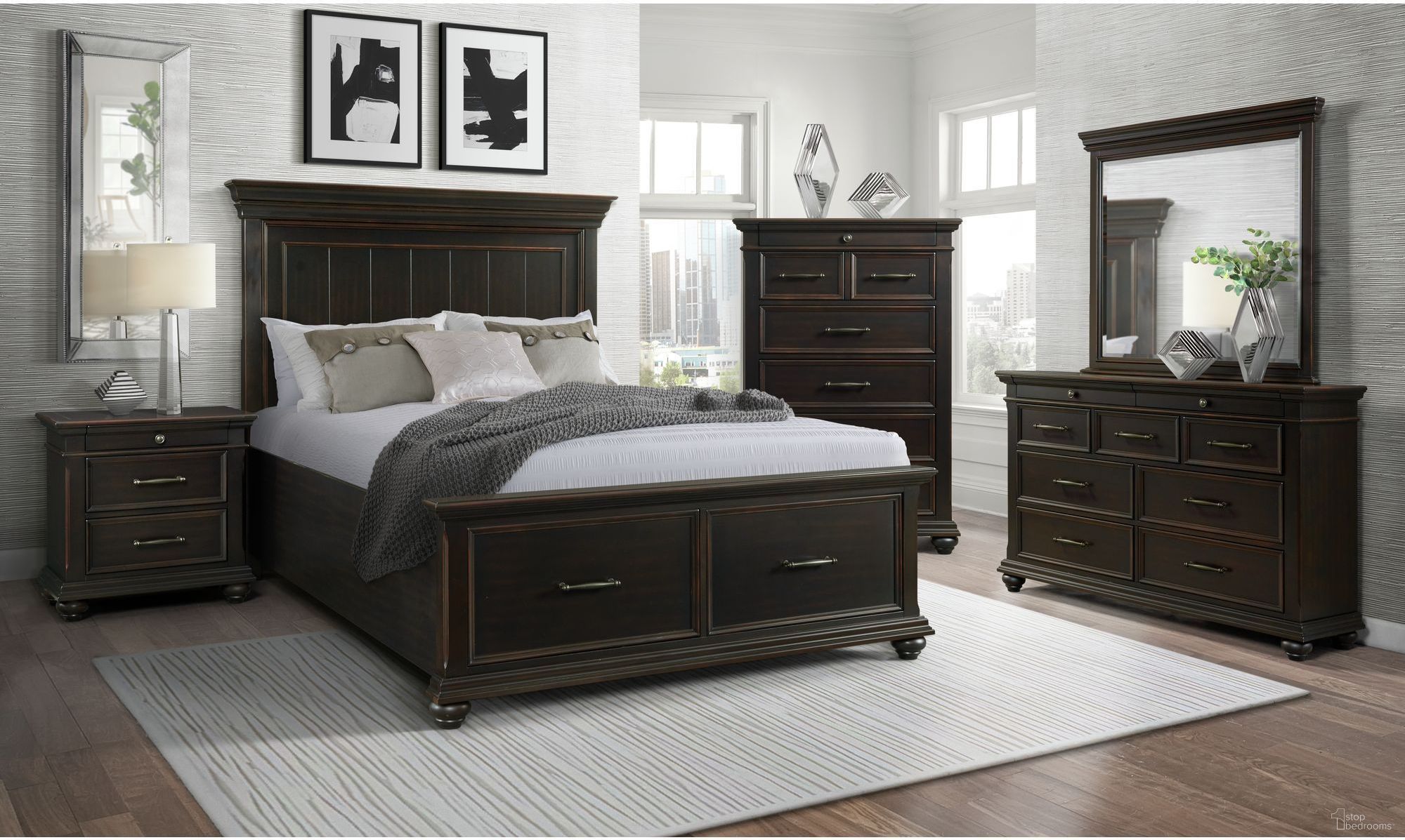 The appearance of Brooks Black Platform Storage Bedroom Set designed by Picket House in the transitional interior design. This black piece of furniture was selected by 1StopBedrooms from Brooks Collection to add a touch of cosiness and style into your home. Sku: SR800QH;SR850QF;SR850QKR;SR800NS. Bed Type: Storage Bed. Bed Size: Queen. Material: MDF.