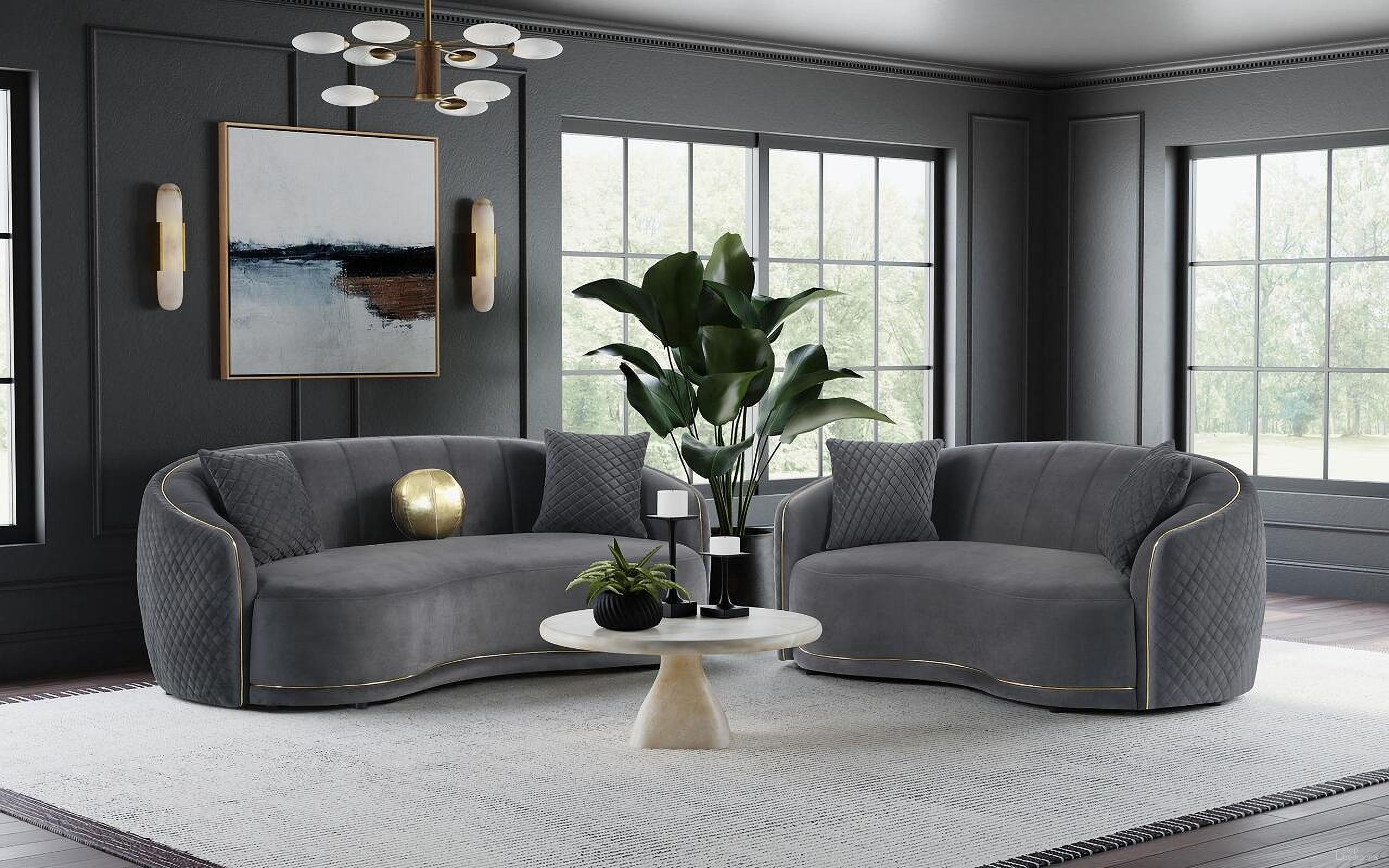The appearance of Brookside Velvet Upholstered Curved Living Room Set In Dark Grey designed by Coaster in the modern / contemporary interior design. This dark grey piece of furniture  was selected by 1StopBedrooms from Brookside Collection to add a touch of cosiness and style into your home. Sku: 504844;504845. Material: Upholstered.