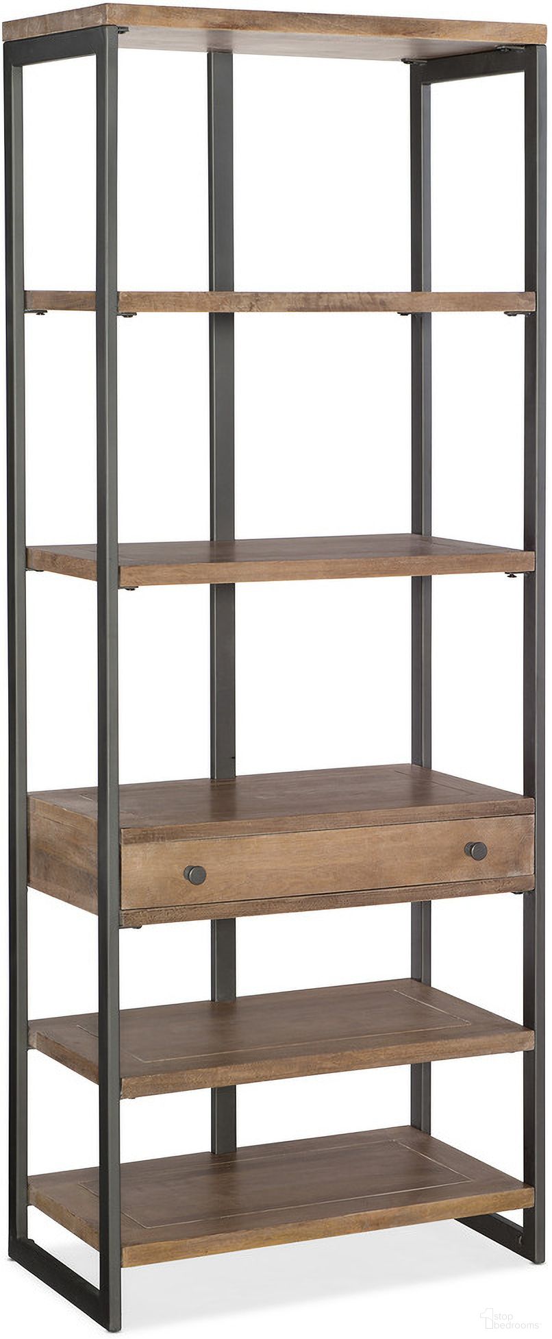 The appearance of 5681-10 Medium Wood Metal Frame Bookcase designed by Hooker in the transitional interior design. This medium wood piece of furniture was selected by 1StopBedrooms from 5681-10 Collection to add a touch of cosiness and style into your home. Sku: 5681-10445-MWD. Material: Mango Wood.