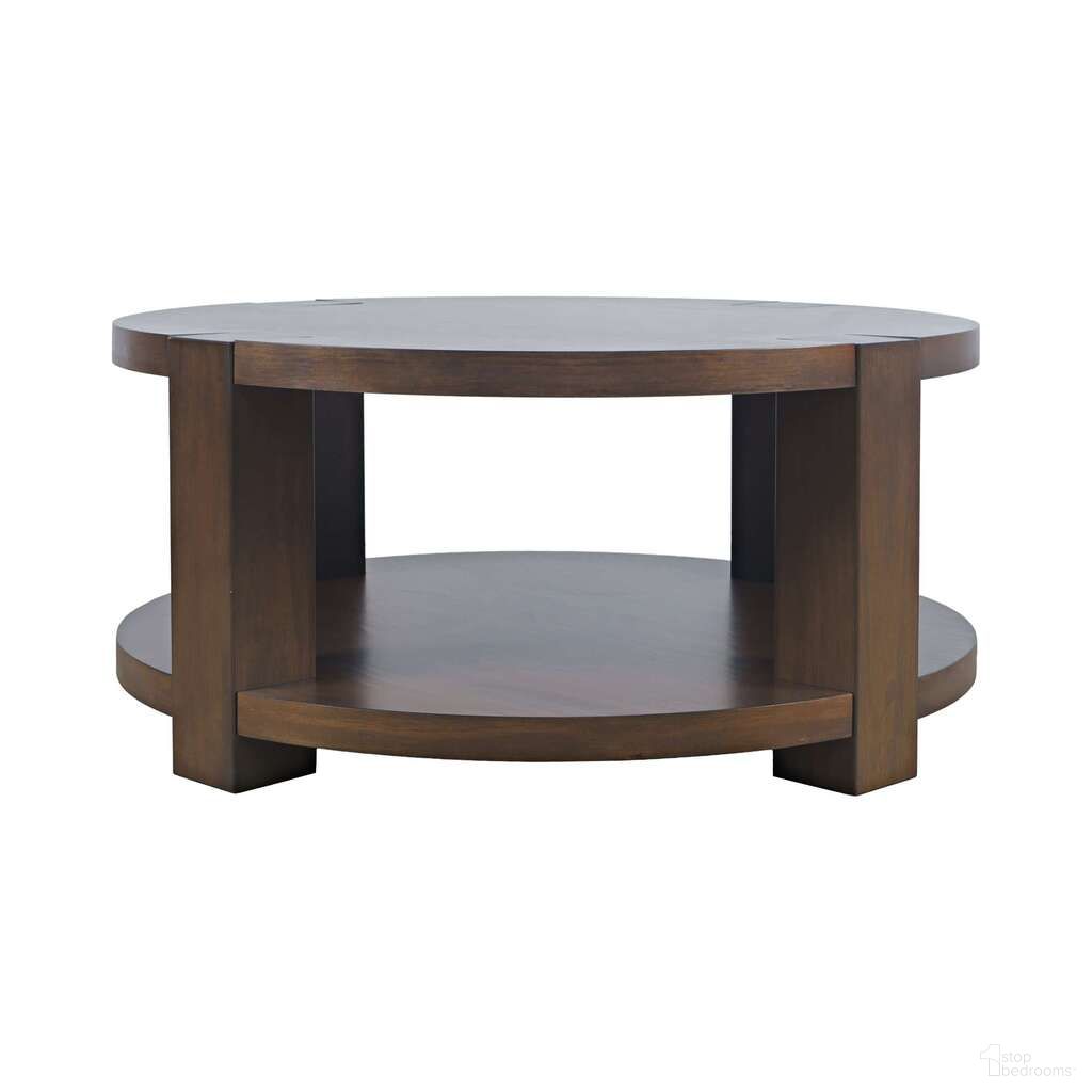 The appearance of Brownstone 40 Inch Round Block-Frame Coffee Table with Wheels In Chocolate Brown designed by Jofran in the transitional interior design. This chocolate brown piece of furniture  was selected by 1StopBedrooms from Brownstone Collection to add a touch of cosiness and style into your home. Sku: 2518-2. Material: Pine.
