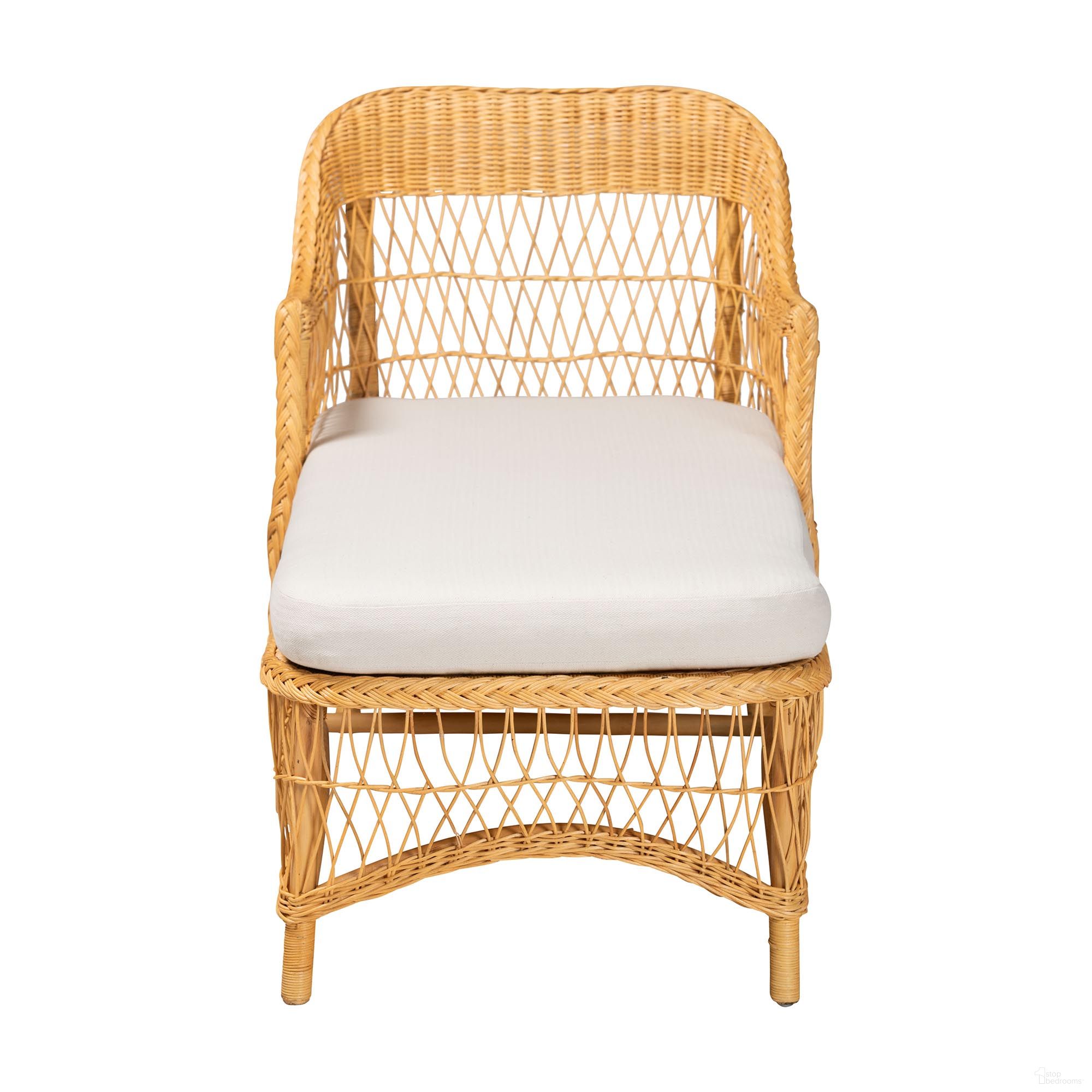 The appearance of Bruno Natural Rattan Handwoven Wicker Chaise Lounge Chair with Cushion and Rounded Backrest In Light Honey and White designed by Baxton Studio in the bohemian interior design. This light honey and white piece of furniture was selected by 1StopBedrooms from Bruno Collection to add a touch of cosiness and style into your home. Sku: Bruno-Light Honey/Rattan-Cushion-Lounger. Material: Natural Rattan.