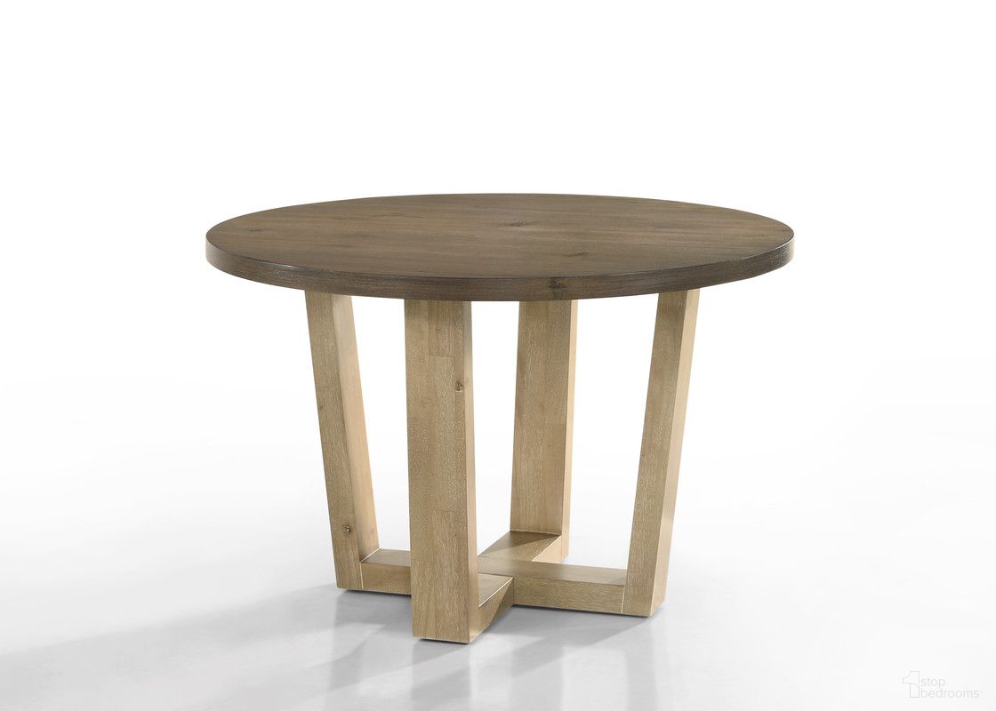 The appearance of Brutus 47 Inch Round Dining Table with Wheat Colored Base In Vintage Walnut designed by Lilola Home in the modern / contemporary interior design. This vintage walnut and wheat piece of furniture  was selected by 1StopBedrooms from Brutus Collection to add a touch of cosiness and style into your home. Sku: 30000-TOP;30000-BASE. Table Base Style: Pedestal. Table Top Shape: Round. Size: 47". Material: Solid Wood.