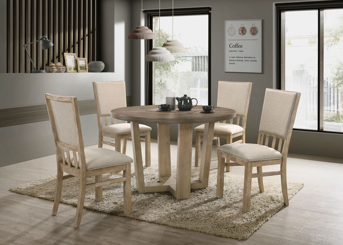 Brutus 5 Piece 47 Inch Round Dining Table Set with Wheat Colored Fabric Chairs In Vintage Walnut