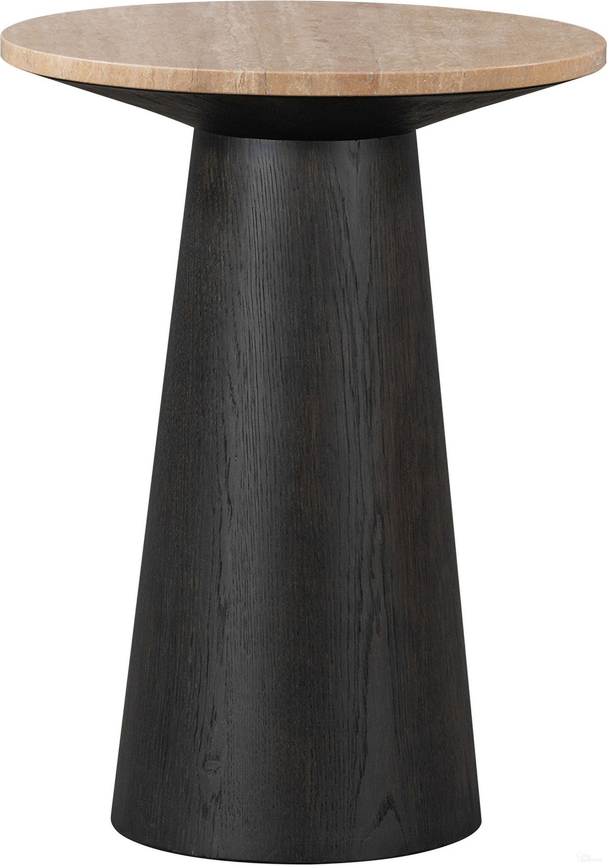 Brynn Solid Wood with Oak Veneer Warm Travertine Marble Top Round 18 Inch Accent Table In Brown