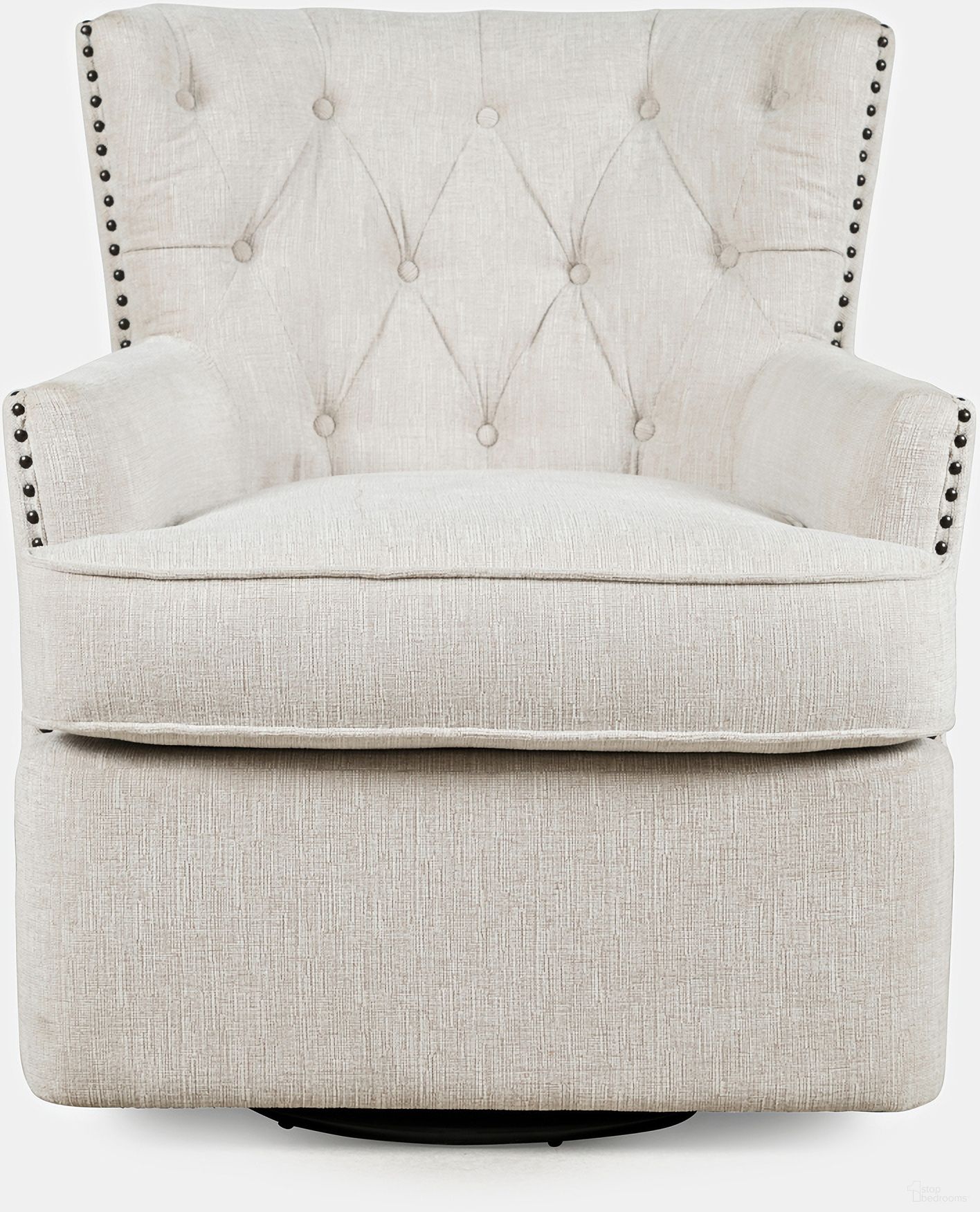 The appearance of Bryson Upholstered Swivel Chair with Nailhead Trim In Oat designed by Jofran in the traditional interior design. This oat piece of furniture was selected by 1StopBedrooms from Bryson Collection to add a touch of cosiness and style into your home. Sku: BRYSON-SW-OAT. Material: Plywood.