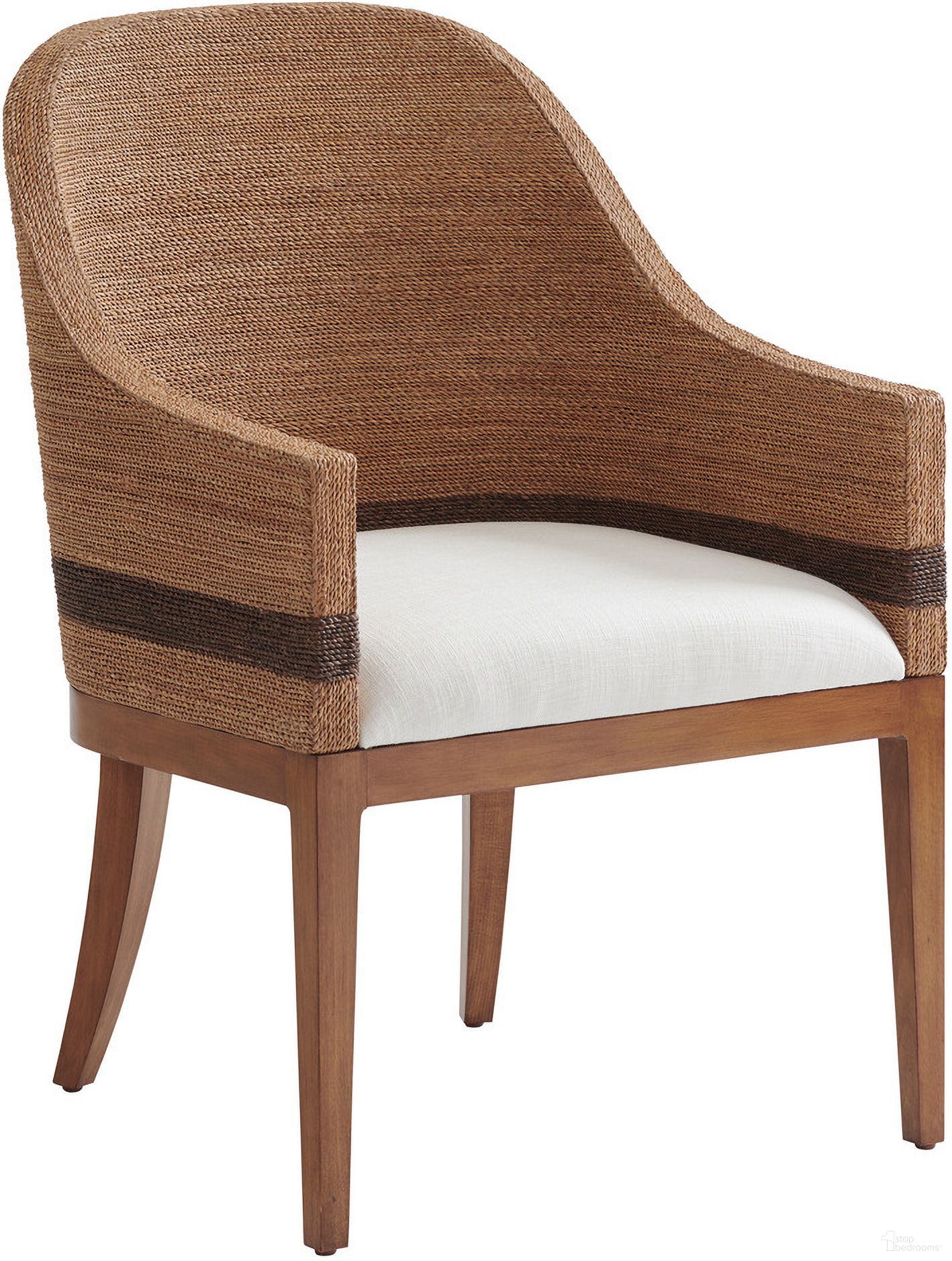 The appearance of Palm Desert Bryson Woven Arm Chair In Sonoran designed by Tommy Bahama in the modern / contemporary interior design. This sonoran piece of furniture  was selected by 1StopBedrooms from Palm Desert Collection to add a touch of cosiness and style into your home. Sku: 575-883-01. Material: Wood.