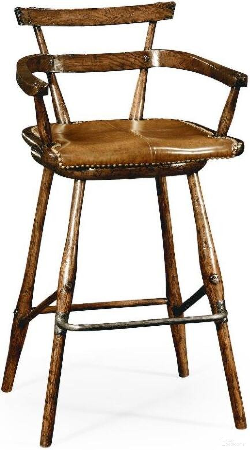The appearance of Buckingham Oak Barstool With Studded Leather Seat 494315-AC-TDO designed by Jonathan Charles in the traditional interior design. This dark brown piece of furniture  was selected by 1StopBedrooms from Buckingham Collection to add a touch of cosiness and style into your home. Sku: 494315-AC-TDO. Material: Wood.