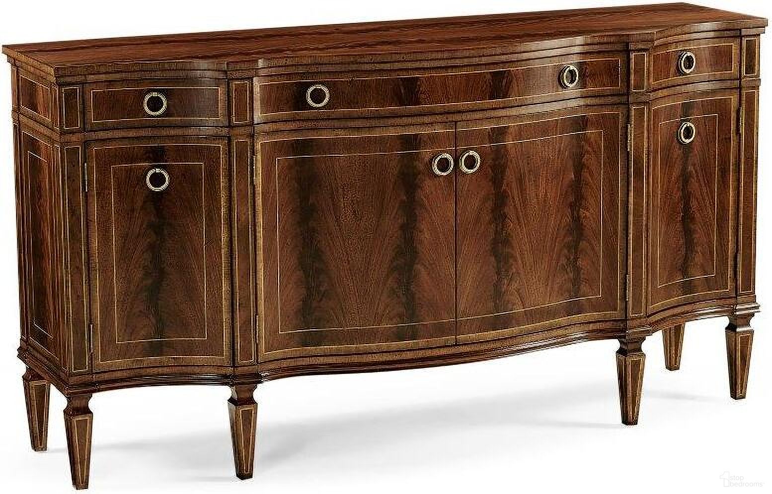The appearance of Buckingham Serpentine Mahogany Sideboard With Four Doors designed by Jonathan Charles in the traditional interior design. This antique piece of furniture  was selected by 1StopBedrooms from Buckingham Collection to add a touch of cosiness and style into your home. Sku: 494662-MAH. Material: Wood.
