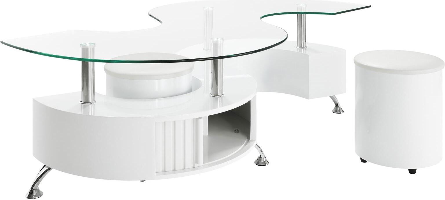 Buckley Curved Glass Top Coffee Table with Stools In White High