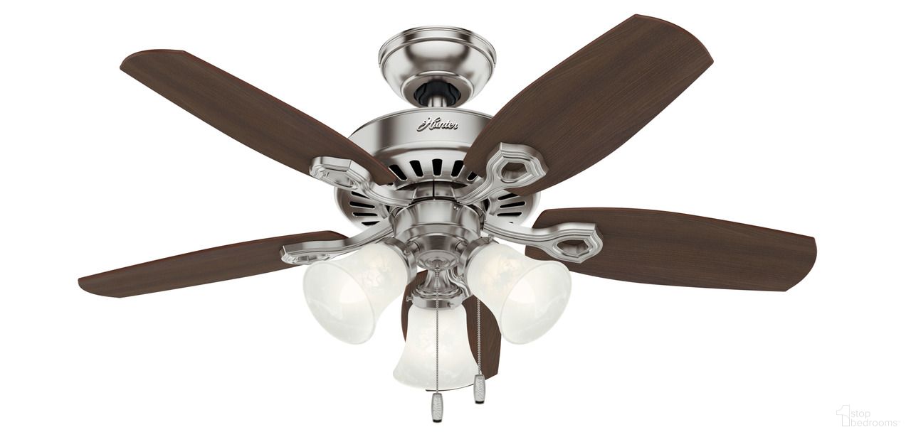 The appearance of Builder 42 Inch Ceiling Fan with LED Light Kit and Pull Chain In Brushed Nickel and Brazilian Cherry designed by Hunter Fan in the traditional interior design. This brushed nickel/brazilian cherry piece of furniture  was selected by 1StopBedrooms from Builder Collection to add a touch of cosiness and style into your home. Sku: 52106. Material: MDF.