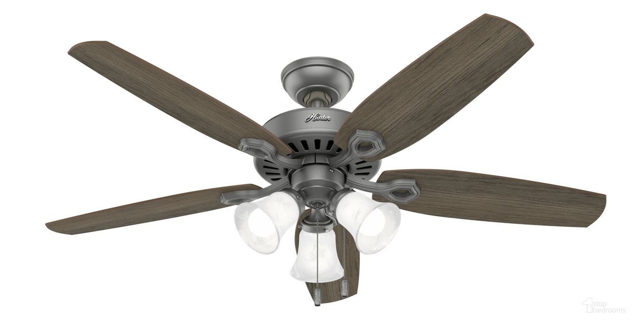 The appearance of Builder 52 Inch Ceiling Fan with LED Light Kit and Pull Chain In Matte Silver and Warm Grey Oak designed by Hunter Fan in the traditional interior design. This matte silver/warm grey oak piece of furniture  was selected by 1StopBedrooms from Builder Collection to add a touch of cosiness and style into your home. Sku: 51110. Material: Composite.