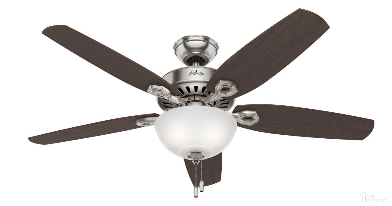 The appearance of Builder 52 Inch Deluxe Ceiling Fan with LED Light Kit and Pull Chain In Brushed Nickel and Brazilian Cherry designed by Hunter Fan in the traditional interior design. This brushed nickel/brazilian cherry piece of furniture  was selected by 1StopBedrooms from Builder Collection to add a touch of cosiness and style into your home. Sku: 53090. Material: Composite.