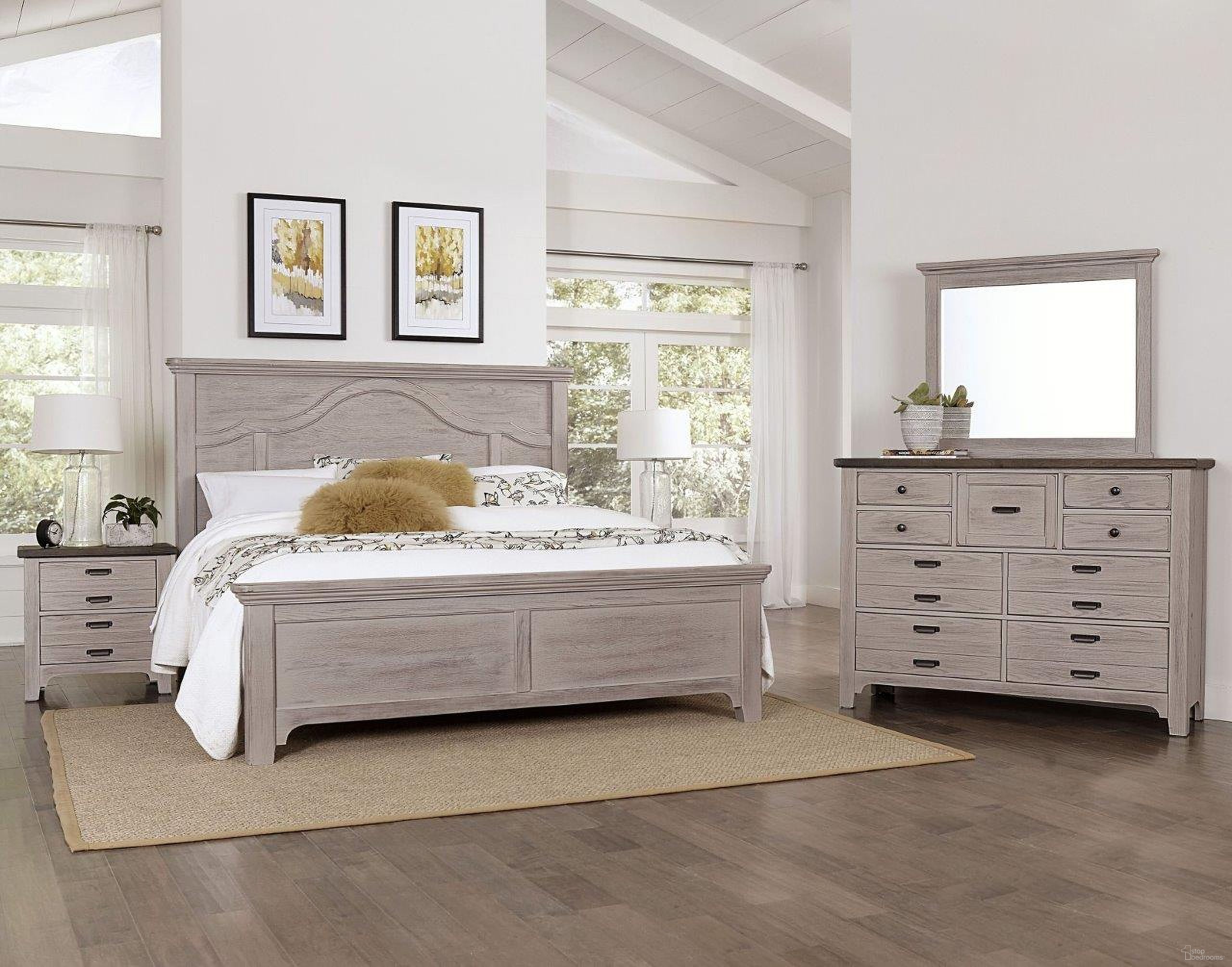 The appearance of Bungalow Dover Grey and Folkstone Mantel Panel Bedroom Set designed by Vaughan Bassett in the transitional interior design. This brown and gray piece of furniture  was selected by 1StopBedrooms from Bungalow Collection to add a touch of cosiness and style into your home. Sku: 741-559;741-955;741-922;741-226. Bed Type: Panel Bed. Bed Size: Queen. Material: Oak Veneer.