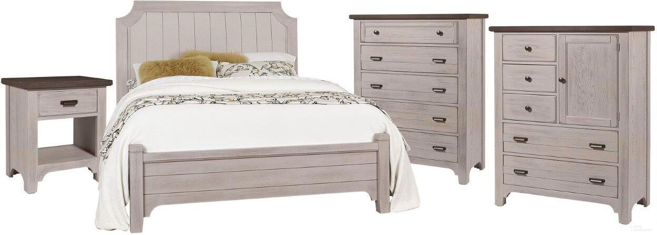 The appearance of Bungalow Dover Grey and Folkstone Upholstered Panel Bedroom Set designed by Vaughan Bassett in the transitional interior design. This brown and gray piece of furniture was selected by 1StopBedrooms from Bungalow Collection to add a touch of cosiness and style into your home. Sku: 741-551;741-855A;741-922;741-226. Material: Fabric. Bed Size: Queen. Bed Type: Upholstered Bed.