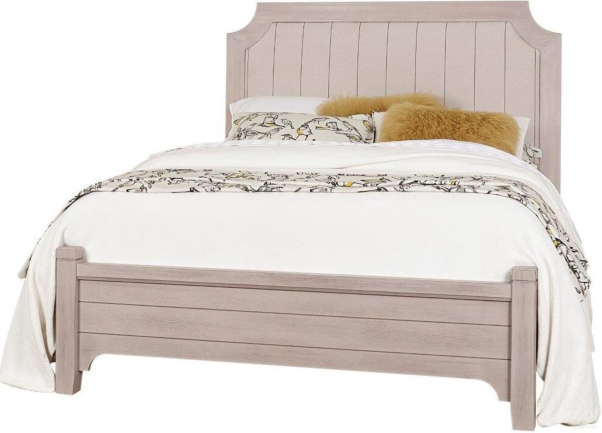 The appearance of Bungalow Dover Grey/Folkstone King Upholstered Bed designed by Vaughan Bassett in the transitional interior design. This dove grey piece of furniture  was selected by 1StopBedrooms from Bungalow Collection to add a touch of cosiness and style into your home. Sku: 741-661;741-866A;741-922;MS-MS1. Material: Fabric. Bed Size: King. Bed Type: Upholstered Bed.