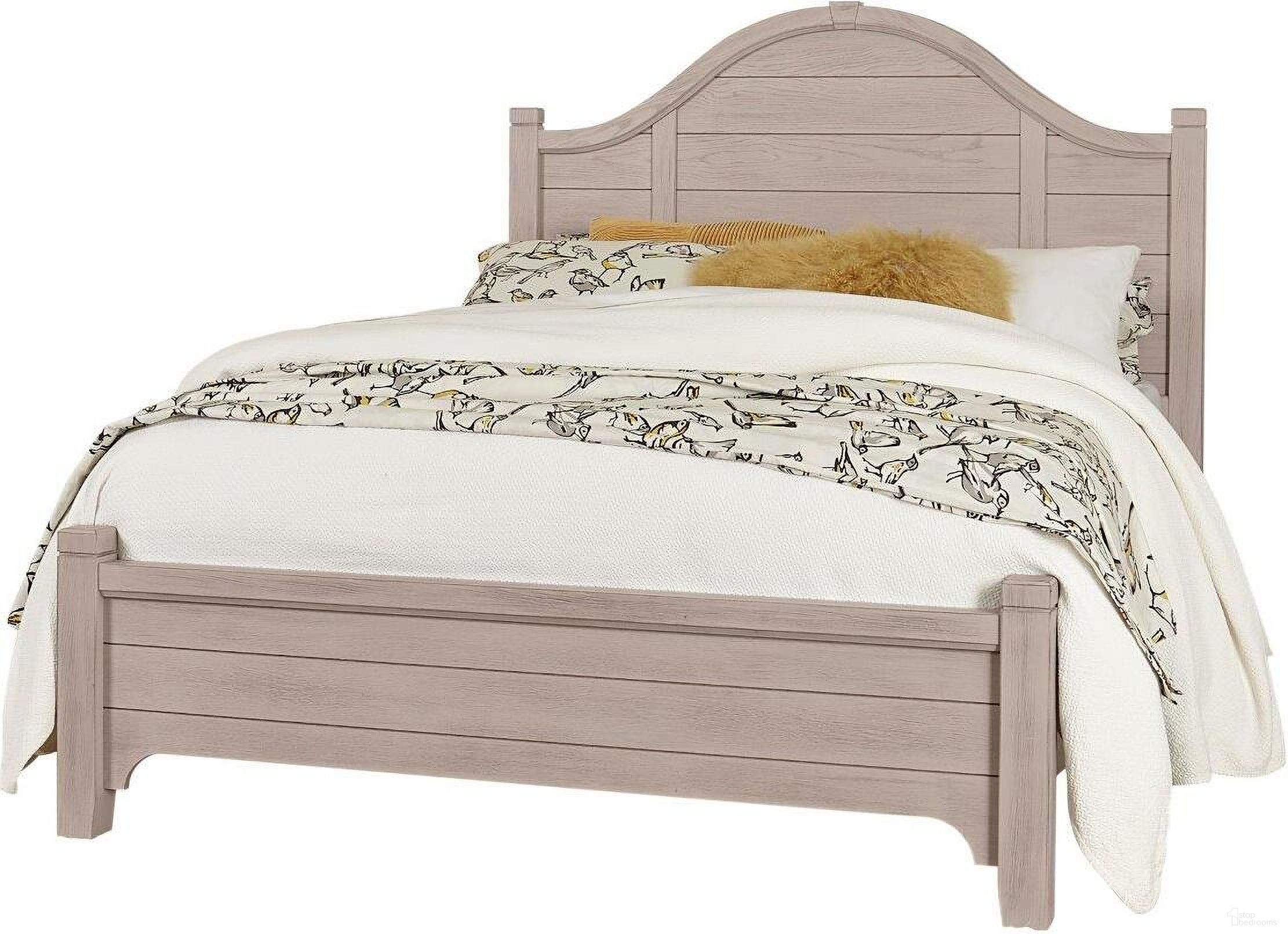 The appearance of Bungalow Dover Grey/Folkstone Queen Arched Bed designed by Vaughan Bassett in the transitional interior design. This dove grey piece of furniture was selected by 1StopBedrooms from Bungalow Collection to add a touch of cosiness and style into your home. Sku: 741-558A;741-855A;741-922. Bed Type: Poster Bed. Bed Size: Queen. Material: Oak Veneer.