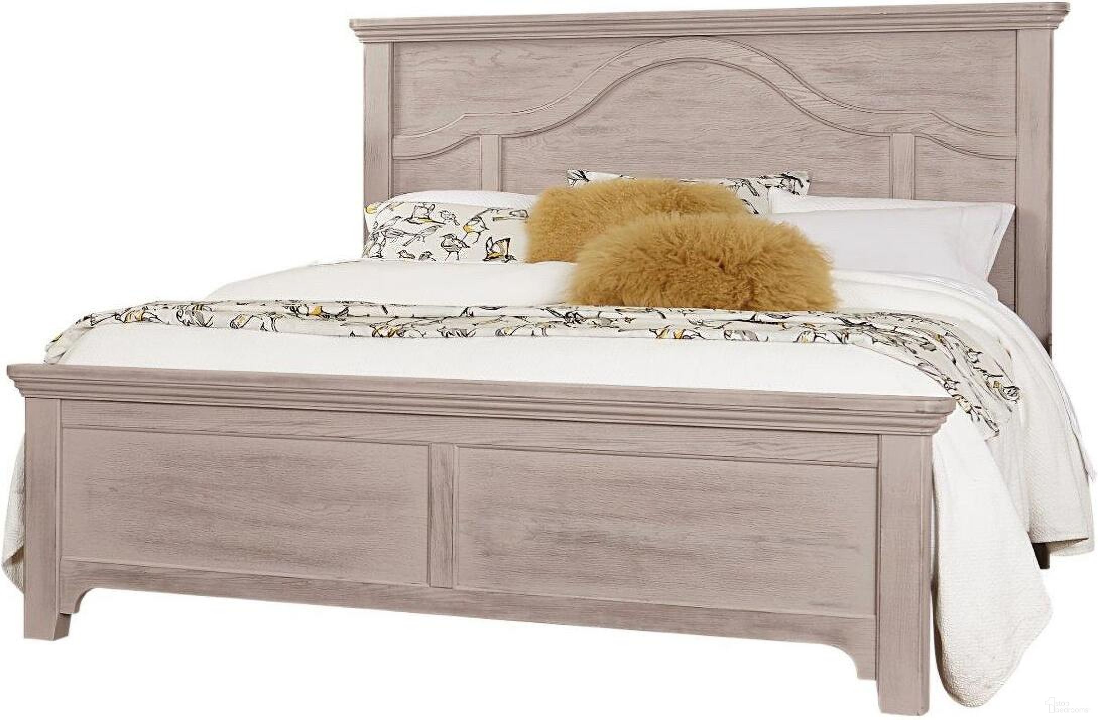 The appearance of Bungalow Dover Grey/Folkstone Queen Mantel Bed designed by Vaughan Bassett in the transitional interior design. This dove grey piece of furniture was selected by 1StopBedrooms from Bungalow Collection to add a touch of cosiness and style into your home. Sku: 741-559;741-955;741-922. Bed Type: Panel Bed. Bed Size: Queen. Material: Oak Veneer.