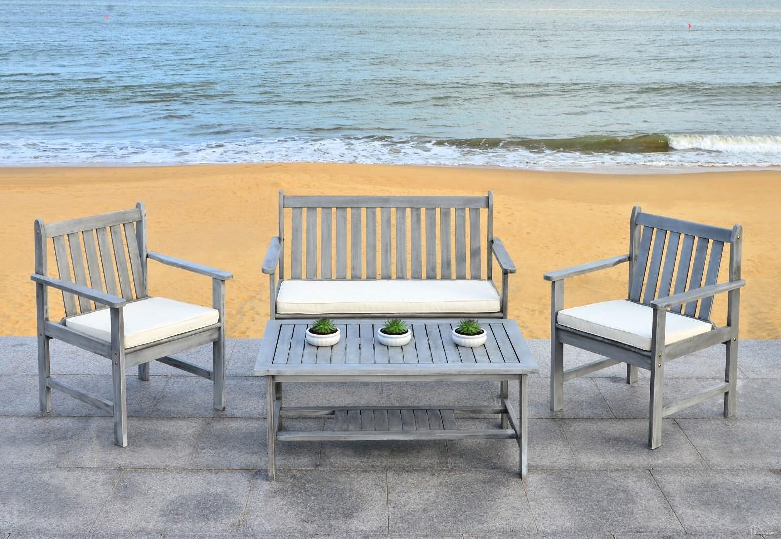 The appearance of Burbank Gray Wash and Beige 4-Piece Outdoor Set designed by Safavieh in the modern / contemporary interior design. This beige and grey piece of furniture was selected by 1StopBedrooms from Burbank Collection to add a touch of cosiness and style into your home. Sku: PAT7006B. Material: Steel.