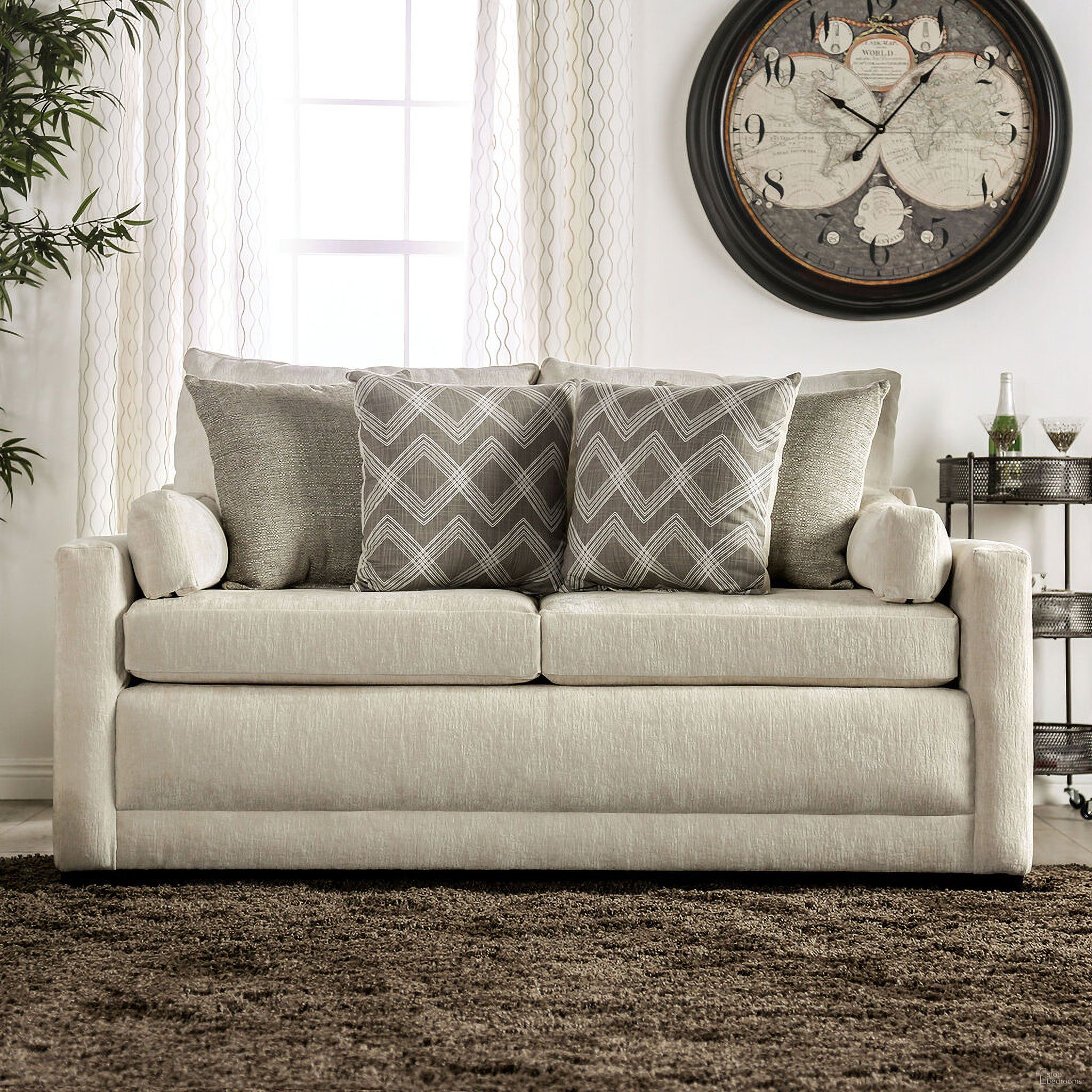 The appearance of Burgess Loveseat In Beige designed by Furniture of America in the transitional interior design. This beige piece of furniture was selected by 1StopBedrooms from Burgess Collection to add a touch of cosiness and style into your home. Sku: SM7753-LV. Material: Chenille.