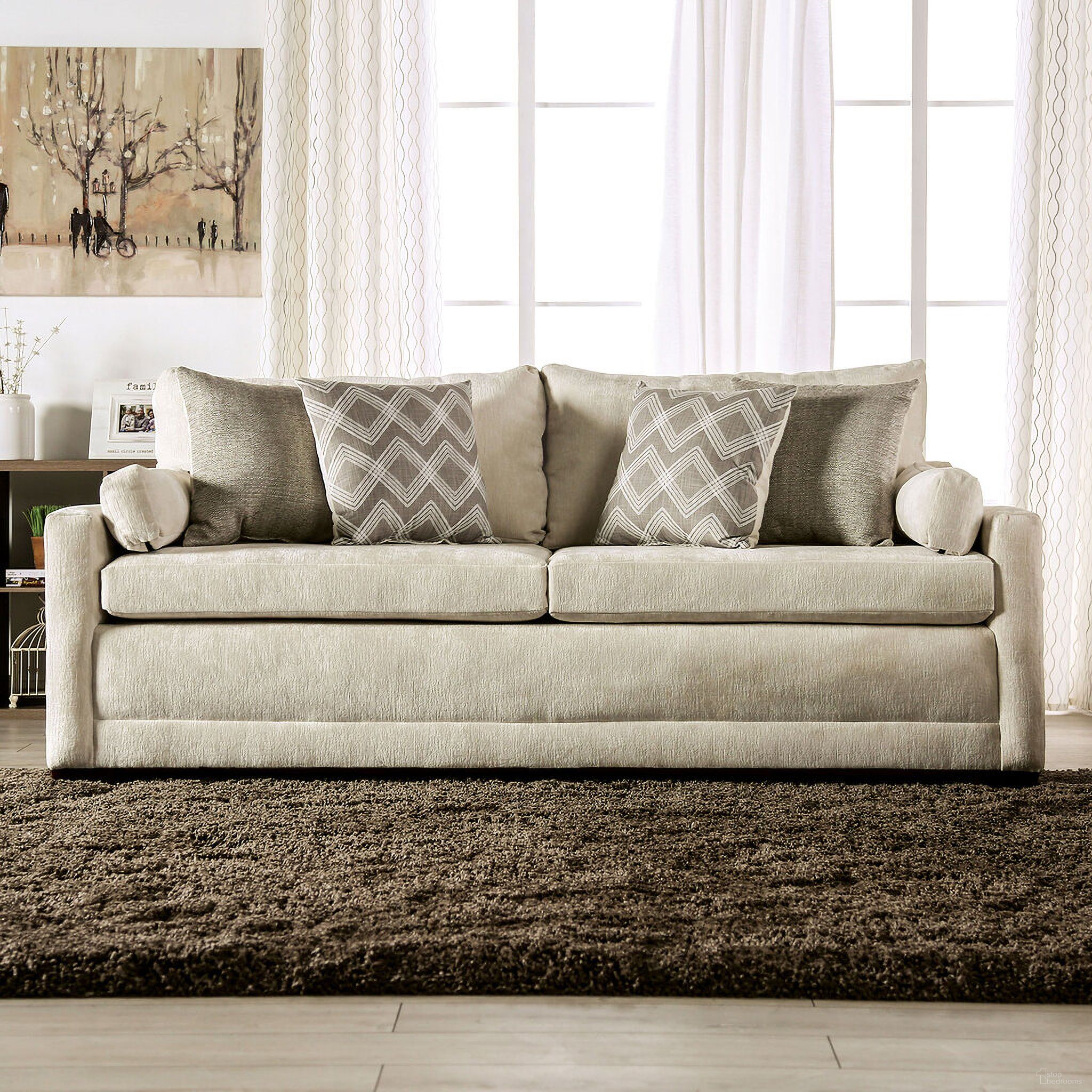 The appearance of Burgess Sofa In Beige designed by Furniture of America in the transitional interior design. This beige piece of furniture was selected by 1StopBedrooms from Burgess Collection to add a touch of cosiness and style into your home. Sku: SM7753-SF. Material: Chenille.