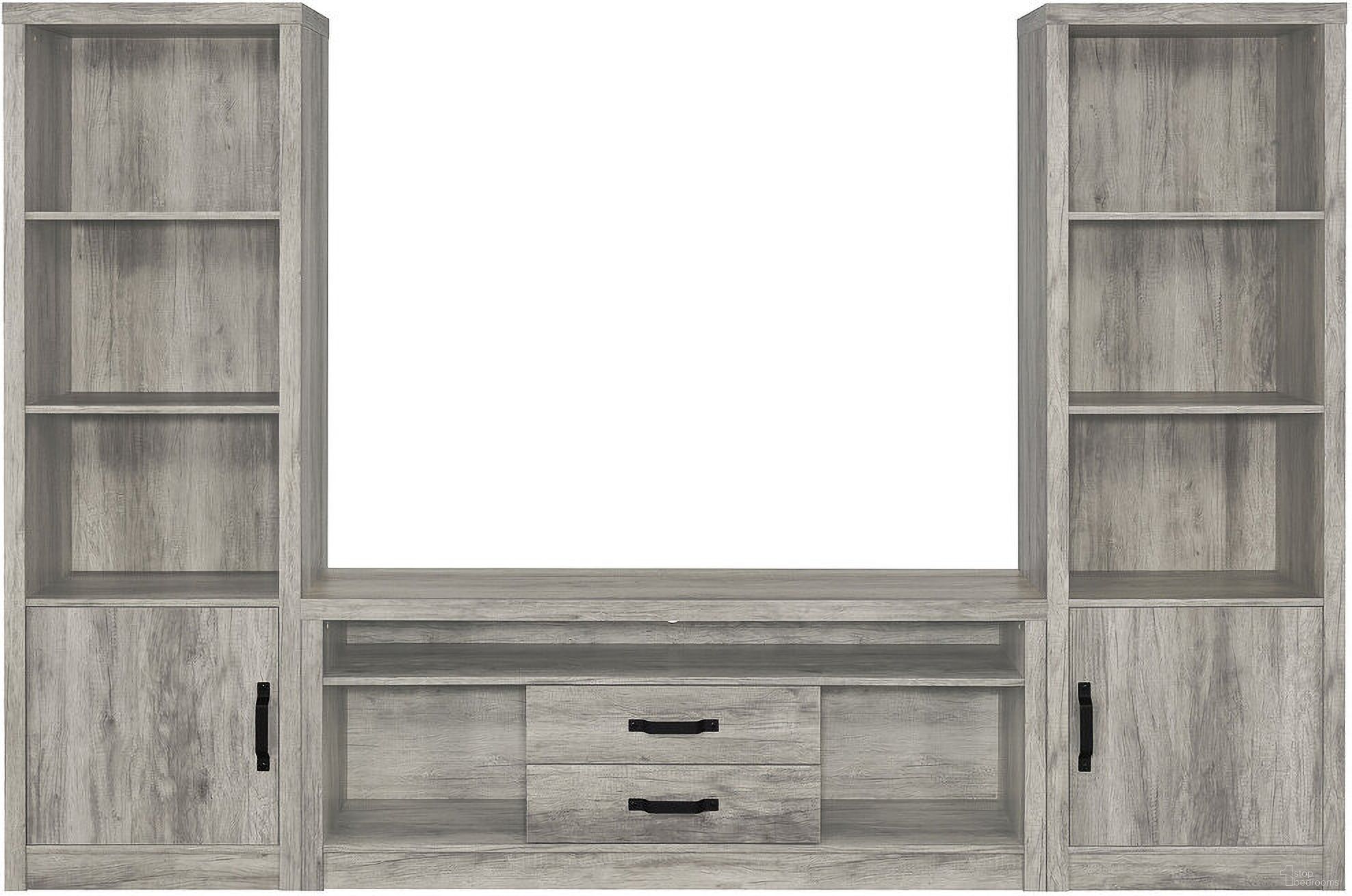 The appearance of Burke 3-piece Entertainment Center Grey Driftwood designed by Coaster in the transitional interior design. This grey driftwood piece of furniture was selected by 1StopBedrooms from Burke Collection to add a touch of cosiness and style into your home. Sku: 701024;707726;707726. Material: Wood.