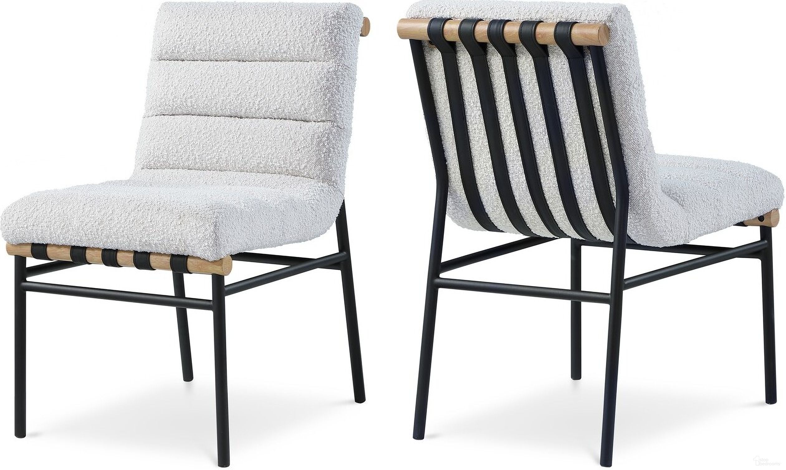 The appearance of Burke Boucle Fabric Dining Chair Set of 2 In Cream designed by Meridian in the modern / contemporary interior design. This cream piece of furniture  was selected by 1StopBedrooms from Burke Collection to add a touch of cosiness and style into your home. Sku: 590Cream-C. Material: Iron. Chair Type: Side Chair.