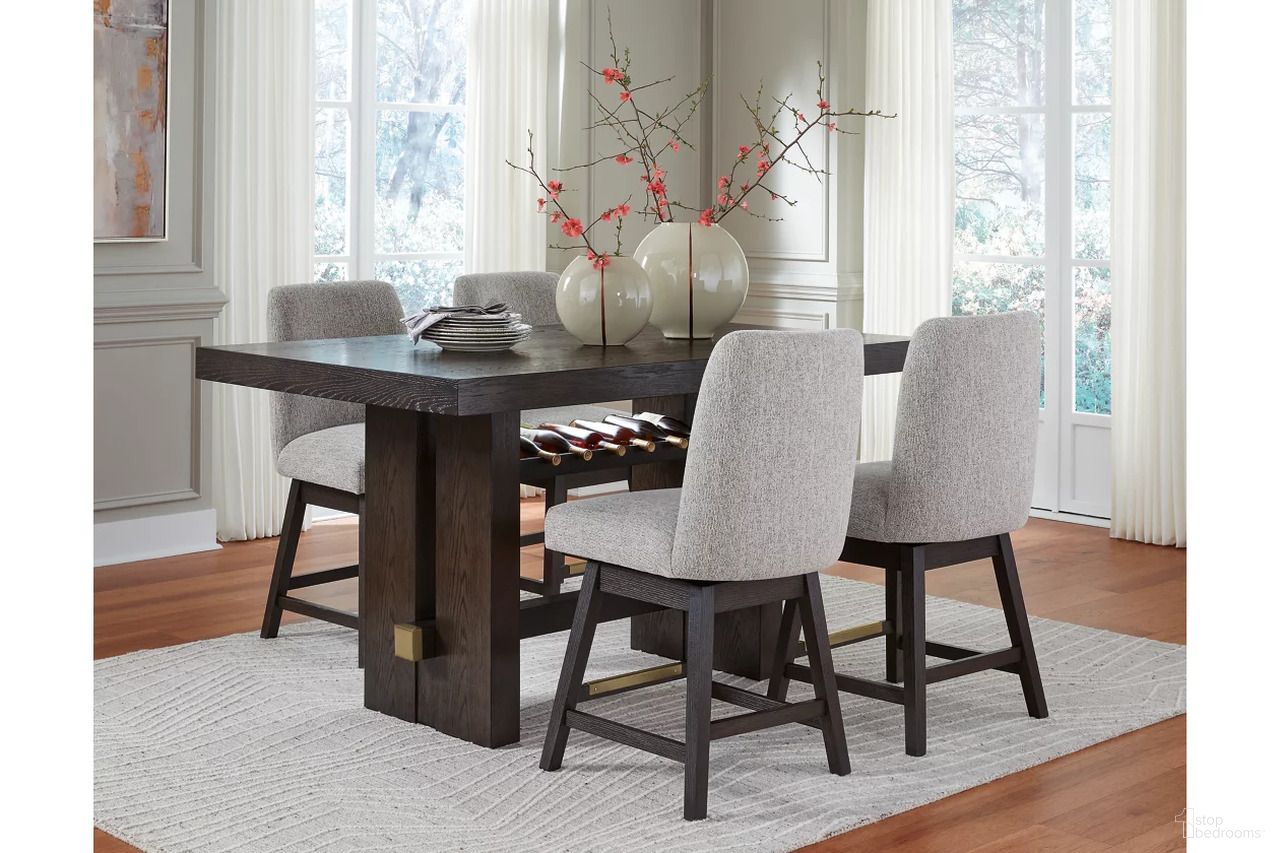 The appearance of Burkhaus Counter Height Dining Room Set In Dark Brown designed by Signature Design by Ashley in the modern / contemporary interior design. This dark brown piece of furniture was selected by 1StopBedrooms from Burkhaus Collection to add a touch of cosiness and style into your home. Sku: D984-32;D984-124;D984-124. Table Base Style: Trestle. Material: Wood. Size: 42" x 66".