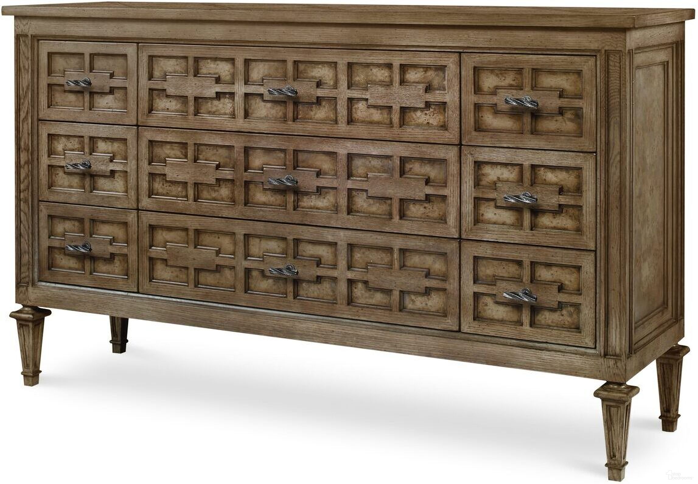 The appearance of Burl Dresser In Timber Grey designed by Century Furniture in the modern / contemporary interior design. This timber grey piece of furniture was selected by 1StopBedrooms from Casa Bella Collection to add a touch of cosiness and style into your home. Sku: C5H-206. Material: Walnut Inlays.