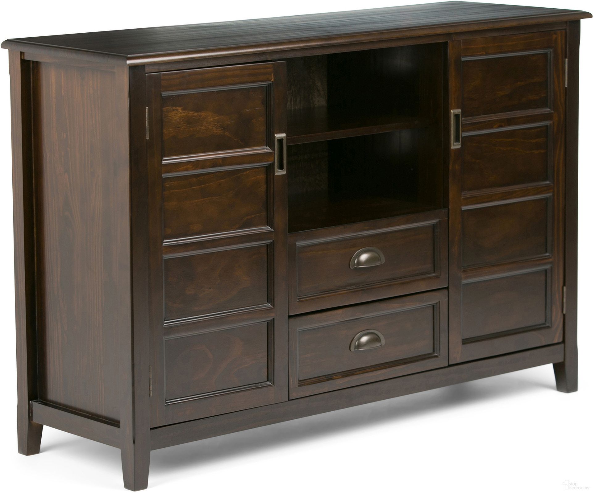 Burlington Solid Wood Tall TV Media Stand In Mahogany Brown