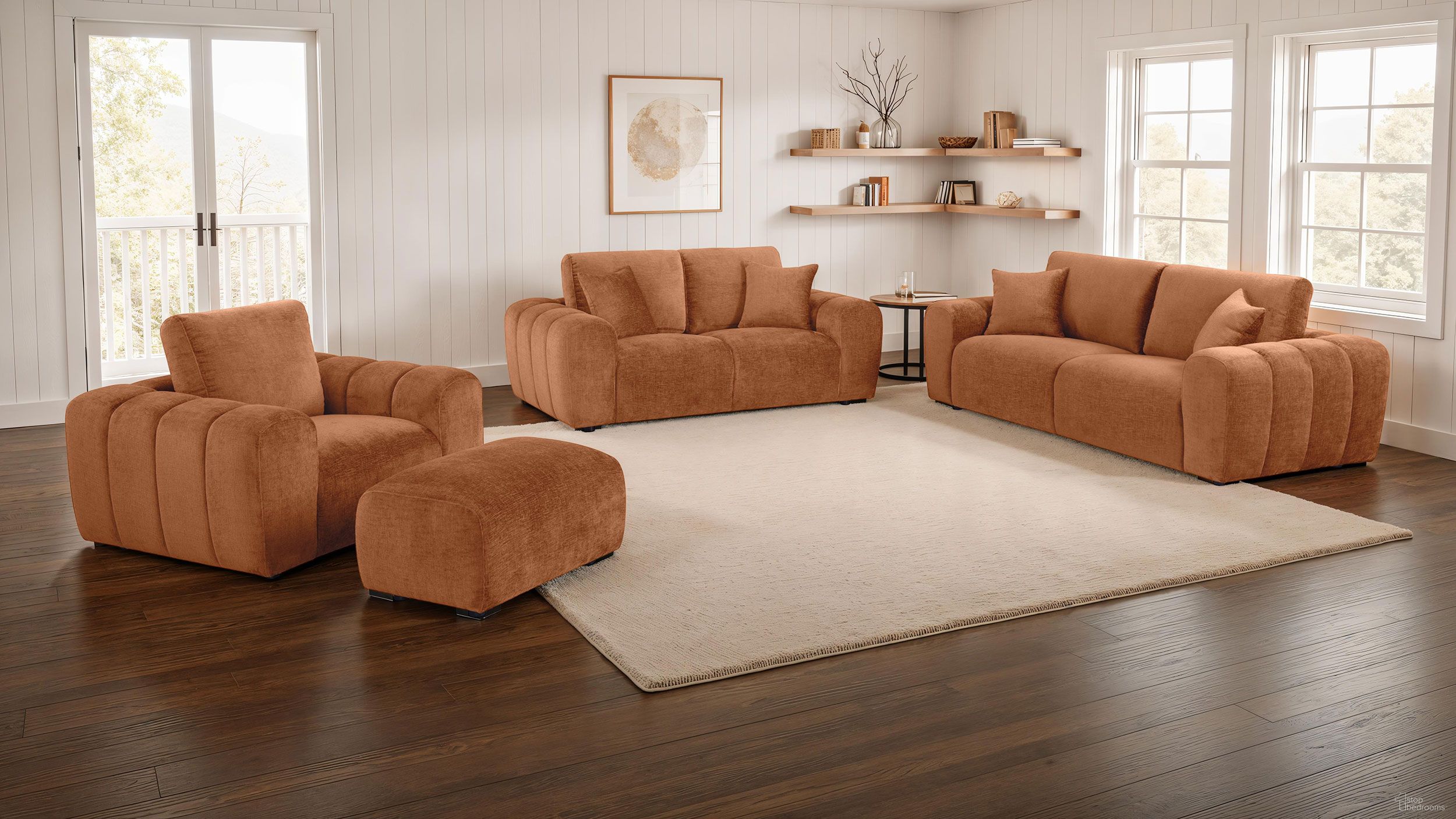 The appearance of Burnett Chenille Upholstered Wide Arm Living Room Set In Burnt Orange designed by Coaster in the modern / contemporary interior design. This burnt orange piece of furniture was selected by 1StopBedrooms from Burnett Collection to add a touch of cosiness and style into your home. Sku: 504951;504952. Material: Eucalyptus.