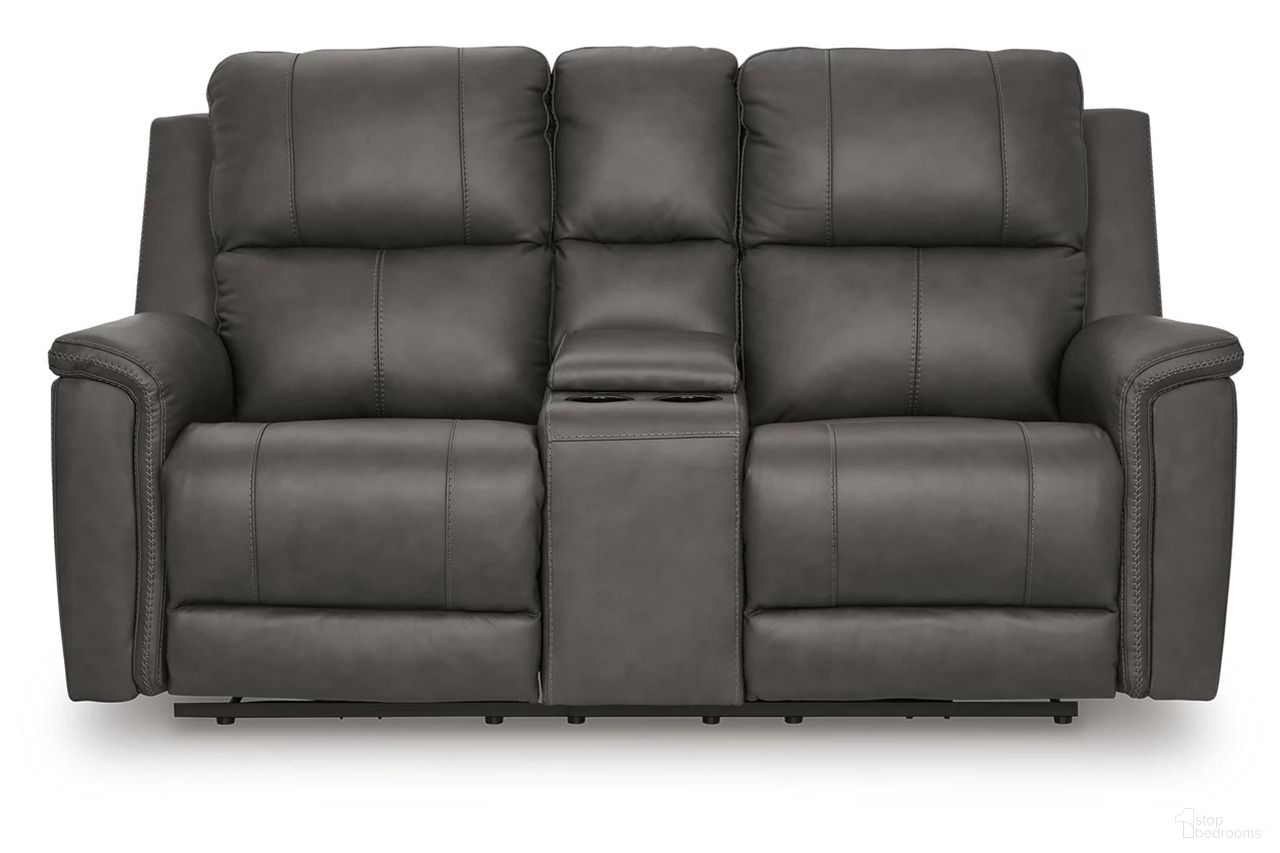 The appearance of Burnley Power Reclining Loveseat with Console In Anchor designed by Signature Design by Ashley in the modern / contemporary interior design. This anchor piece of furniture  was selected by 1StopBedrooms from Burnley Collection to add a touch of cosiness and style into your home. Sku: NCU1200018. Material: Faux Leather.