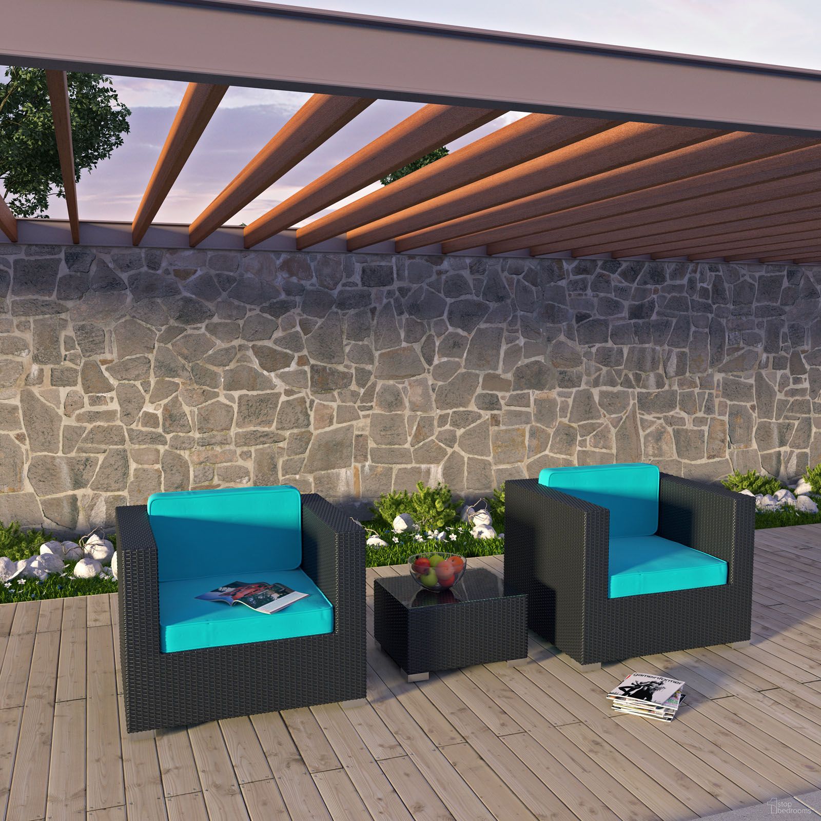 The appearance of Burrow 3 Piece Outdoor Patio Sofa Set In Espresso and Turquoise designed by Modway in the modern / contemporary interior design. This espresso/turquoise piece of furniture  was selected by 1StopBedrooms from Burrow Collection to add a touch of cosiness and style into your home. Sku: EEI-995-EXP-TRQ-SET. Material: Aluminum.