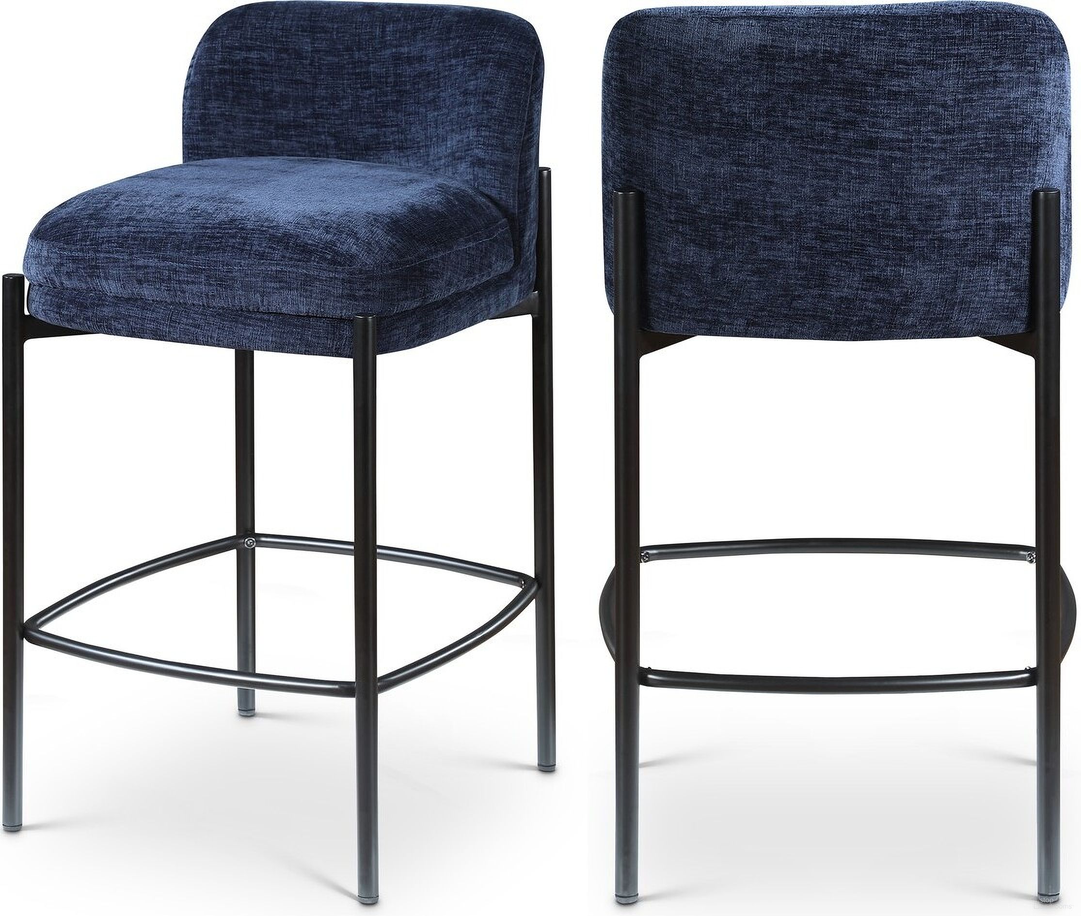 The appearance of Burton Chenille Fabric Stool Set of 2 In Navy designed by Meridian in the modern / contemporary interior design. This navy piece of furniture was selected by 1StopBedrooms from Burton Collection to add a touch of cosiness and style into your home. Sku: 429Navy-C. Material: Iron.