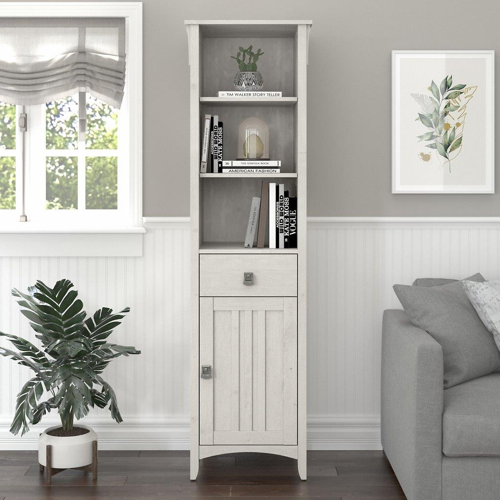 Bush Furniture Salinas Tall Narrow Bookcase Cabinet in Linen White Oak ...