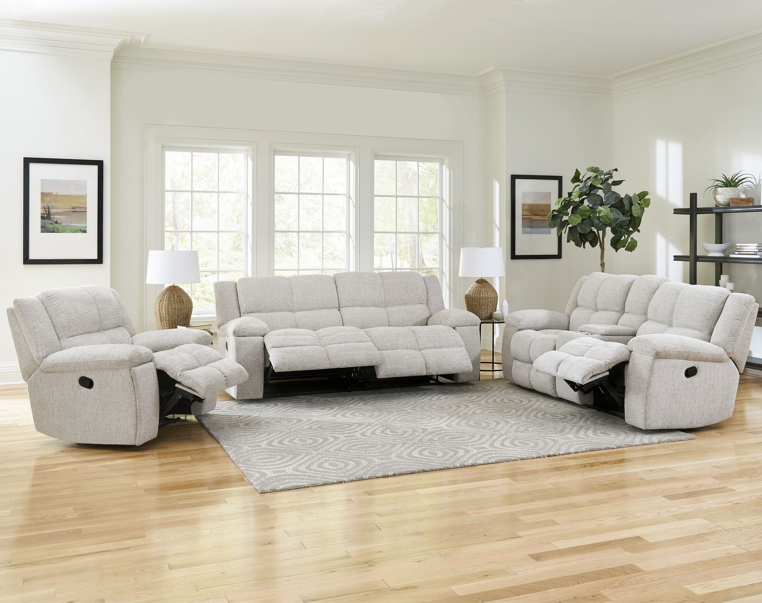 The appearance of Buster Opal Taupe Reclining Living Room Set designed by Parker House in the modern / contemporary interior design. This beige piece of furniture  was selected by 1StopBedrooms from Buster Collection to add a touch of cosiness and style into your home. Sku: MBUS#832-OPTA;MBUS#822C-OPTA. Material: Polyester.