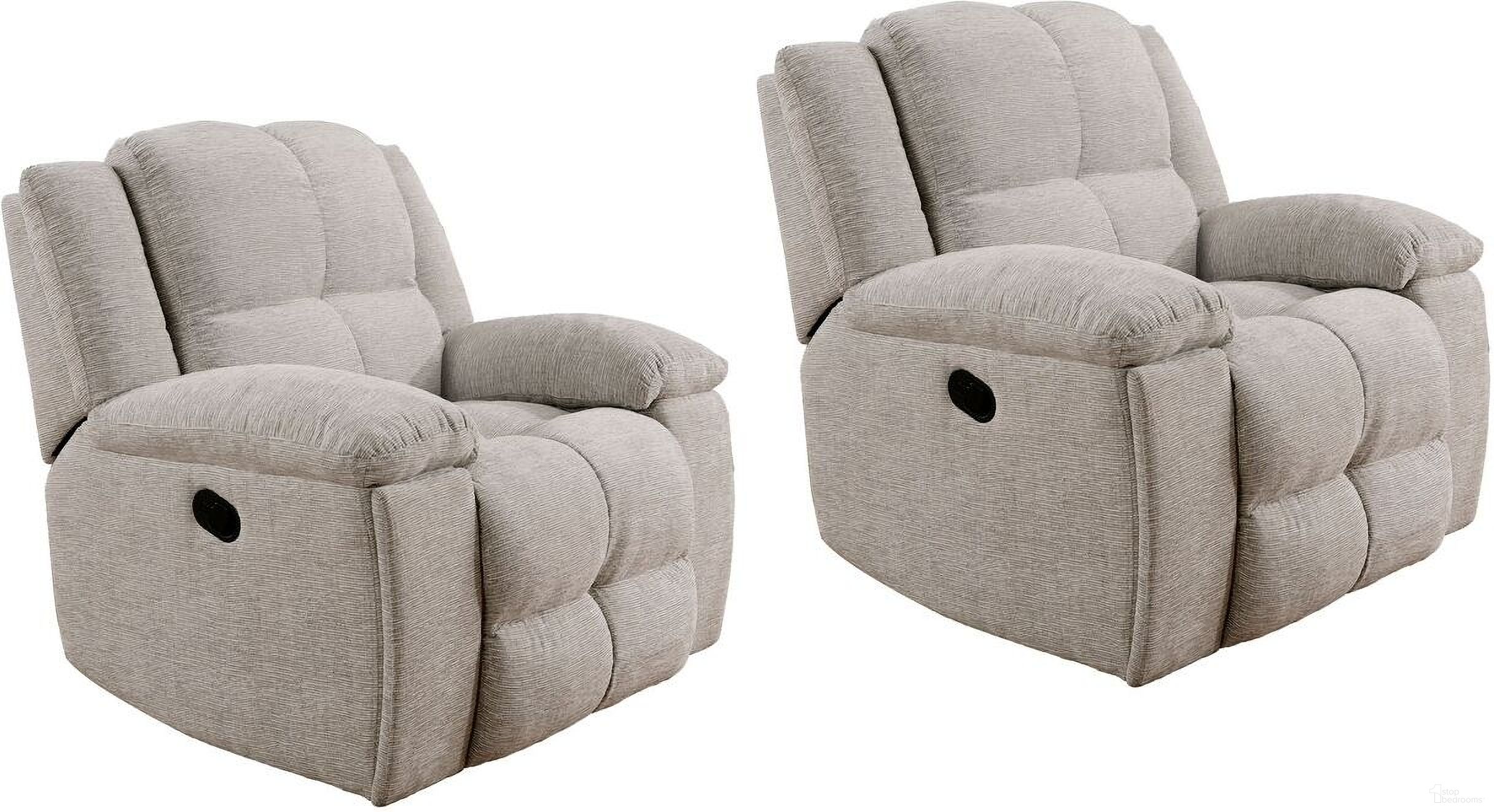 The appearance of Buster Recliner Set of 2 In Opal Taupe designed by Parker House in the modern / contemporary interior design. This opal taupe piece of furniture  was selected by 1StopBedrooms from Buster Collection to add a touch of cosiness and style into your home. Sku: MBUS#812-OPTA;MBUS#812-OPTA. Material: Polyester.