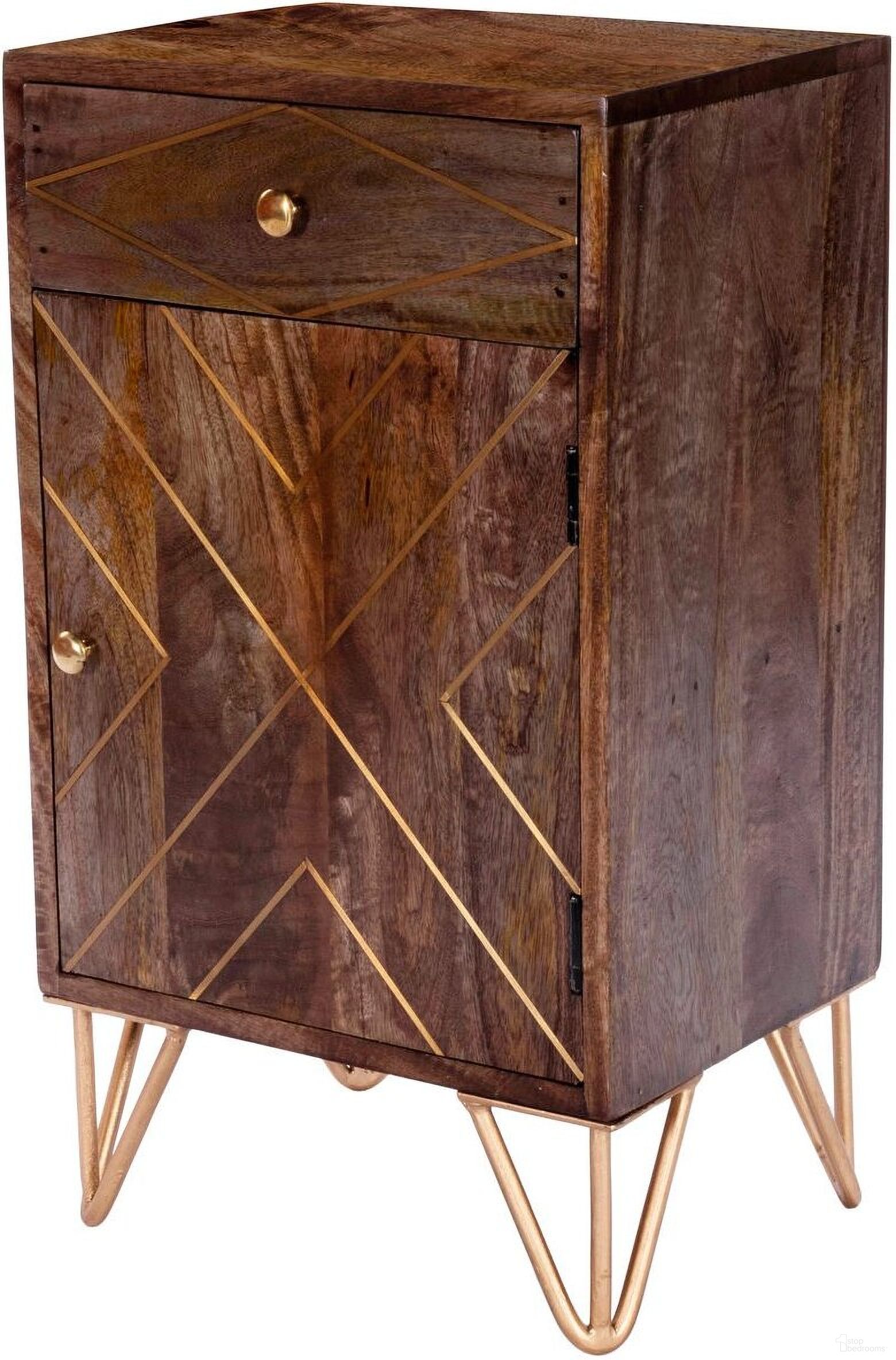 The appearance of Butler Alda Wood and Brass Metal Inlay Chairside Chest designed by Butler Specialty Company in the modern / contemporary interior design. This medium brown piece of furniture  was selected by 1StopBedrooms from Designer's Edge Collection to add a touch of cosiness and style into your home. Sku: 5481140. Material: Wood.