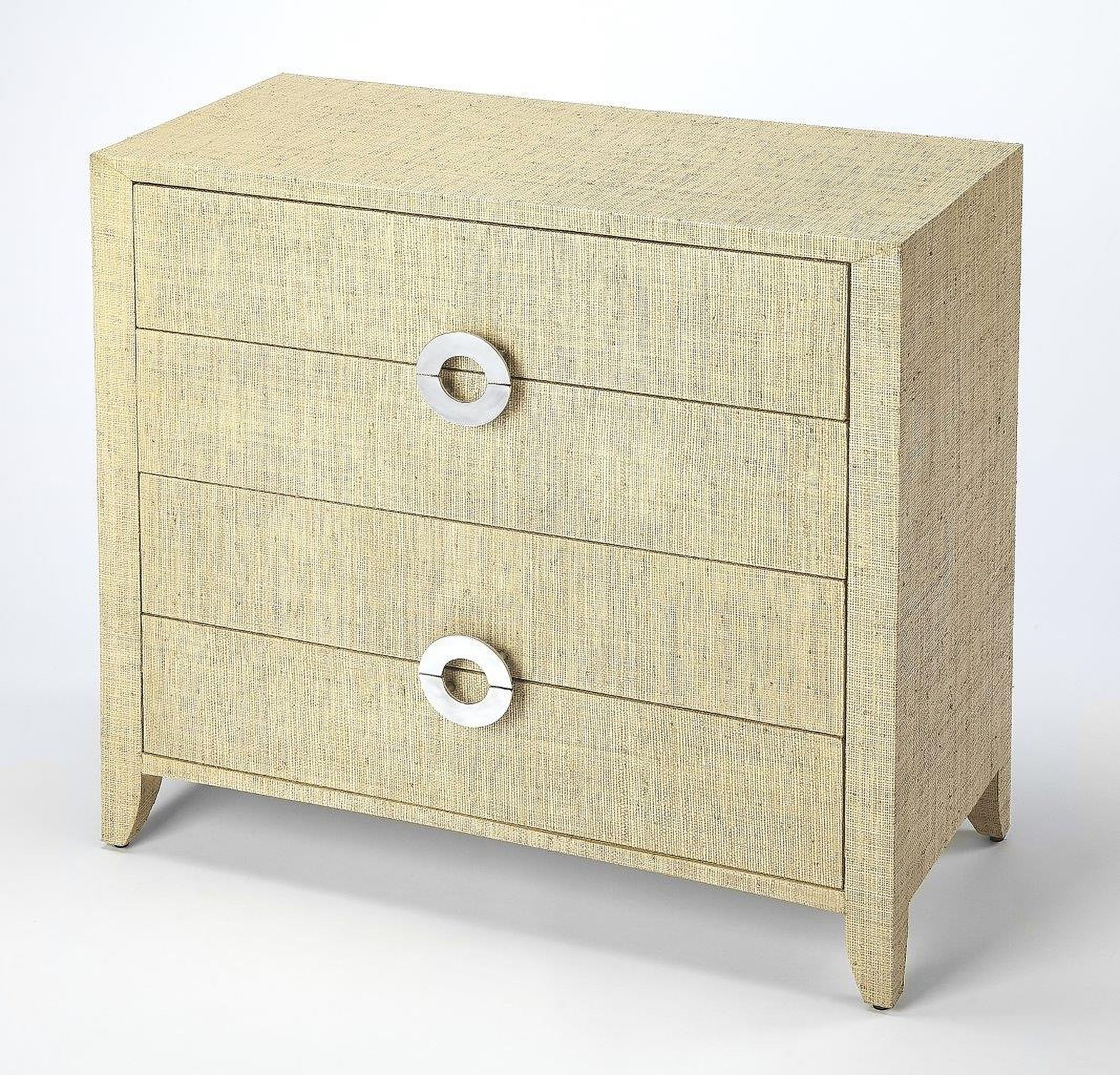 The appearance of Butler Amelle Cream Raffia 4 Drawer Accent Chest designed by Butler Specialty Company in the modern / contemporary interior design. This beige piece of furniture was selected by 1StopBedrooms from Loft Collection to add a touch of cosiness and style into your home. Sku: 4483349. Material: Plywood.