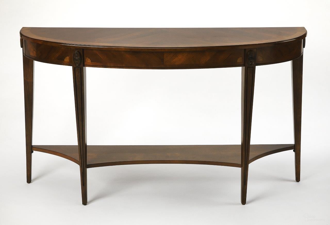 The appearance of Butler Astor Nutmeg Demilune Console Table designed by Butler Specialty Company in the traditional interior design. This dark brown piece of furniture  was selected by 1StopBedrooms from Masterpiece Collection to add a touch of cosiness and style into your home. Sku: 4146251. Material: Rubberwood.