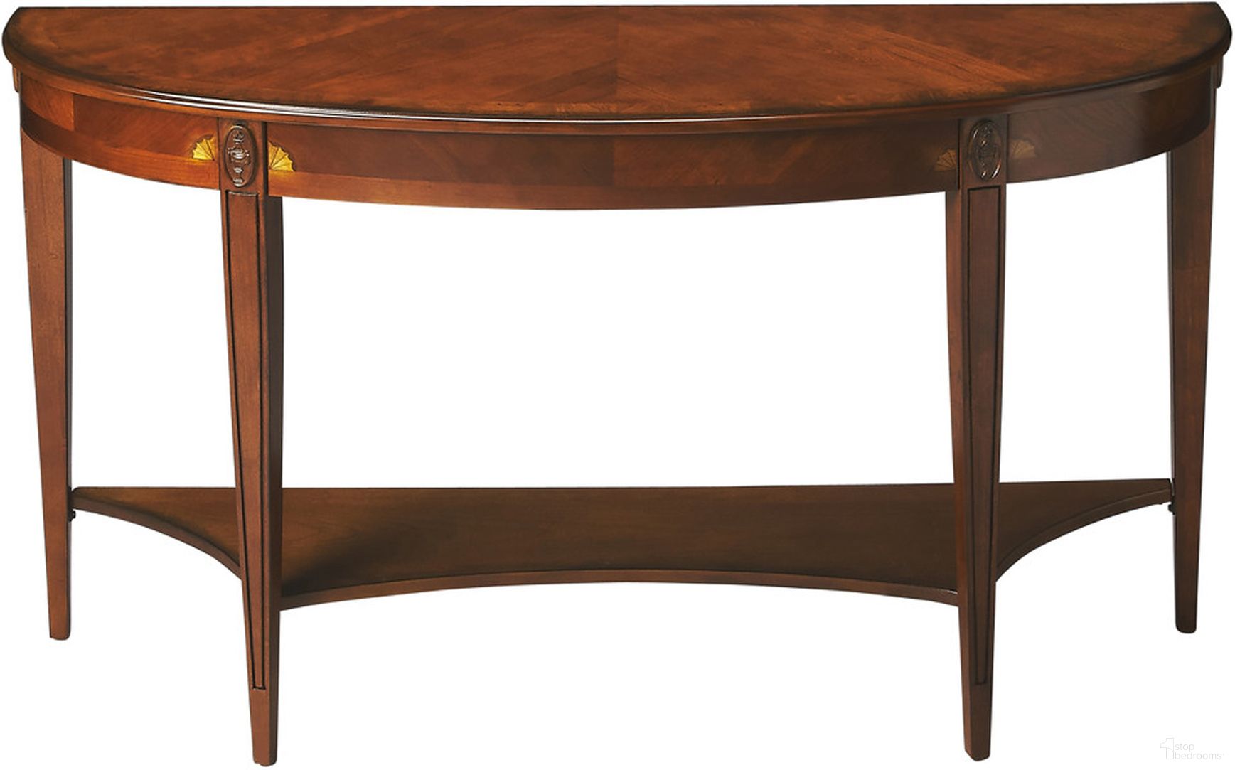 The appearance of Butler Astor Olive Ash Burl Demilune Console Table designed by Butler Specialty Company in the traditional interior design. This medium brown piece of furniture  was selected by 1StopBedrooms from Masterpiece Collection to add a touch of cosiness and style into your home. Sku: 4146101. Material: Rubberwood.