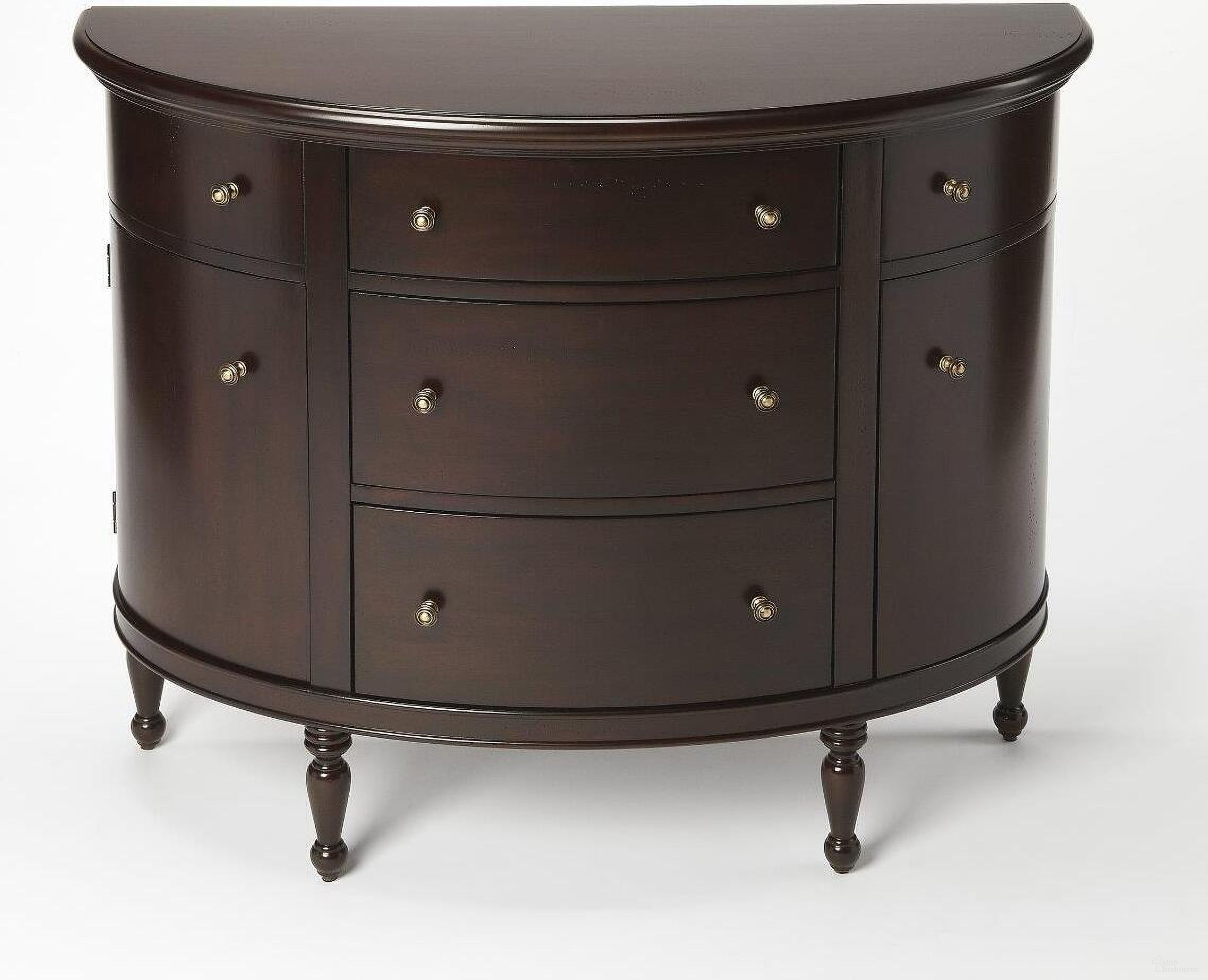 The appearance of Butler Bedford Mahogany Demilune Console Chest designed by Butler Specialty Company in the traditional interior design. This dark brown piece of furniture  was selected by 1StopBedrooms from Masterpiece Collection to add a touch of cosiness and style into your home. Sku: 9347379. Material: Wood.
