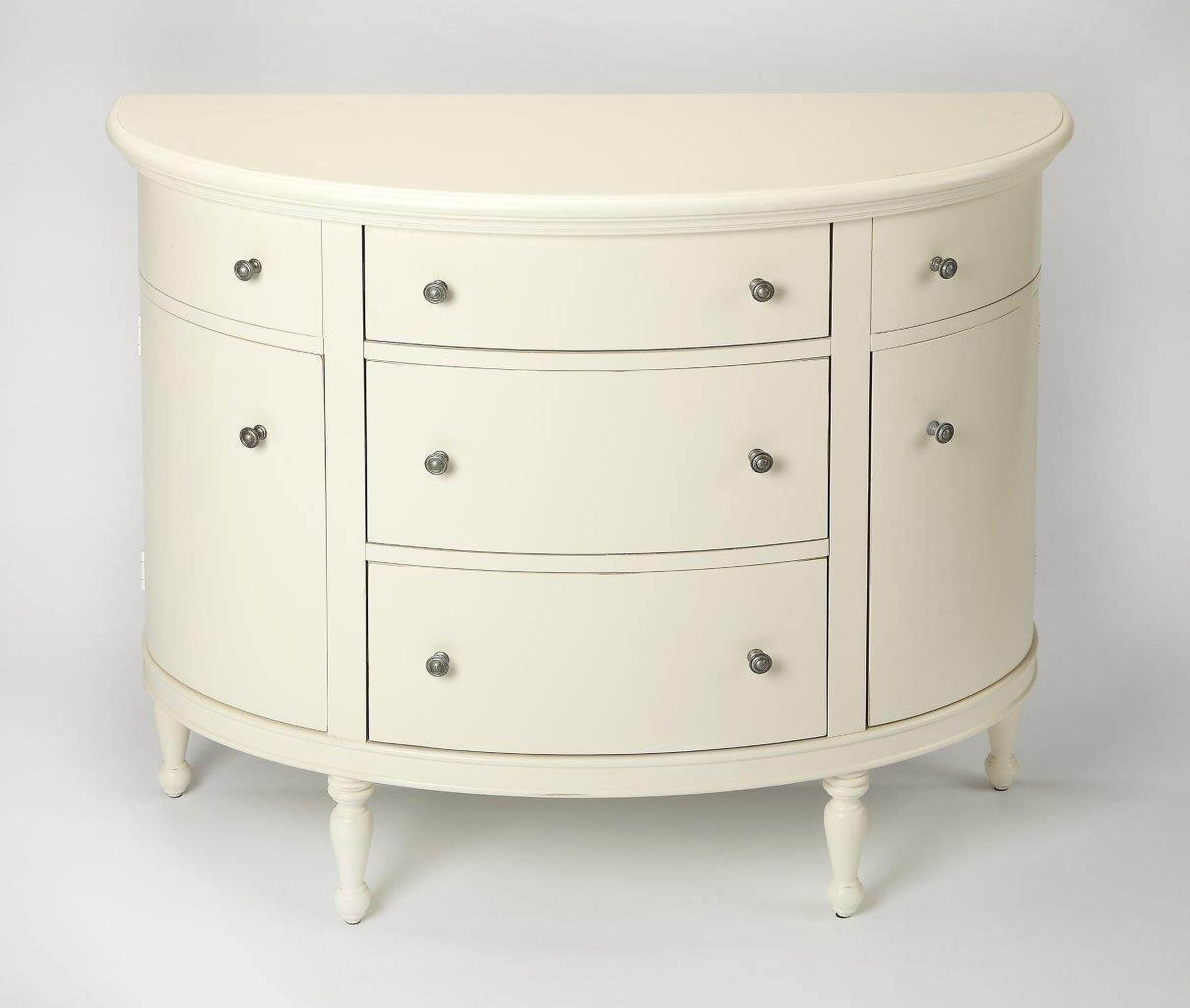 The appearance of Butler Bedford White Demilune Console Chest designed by Butler Specialty Company in the traditional interior design. This white piece of furniture was selected by 1StopBedrooms from Masterpiece Collection to add a touch of cosiness and style into your home. Sku: 9347288. Material: Wood.